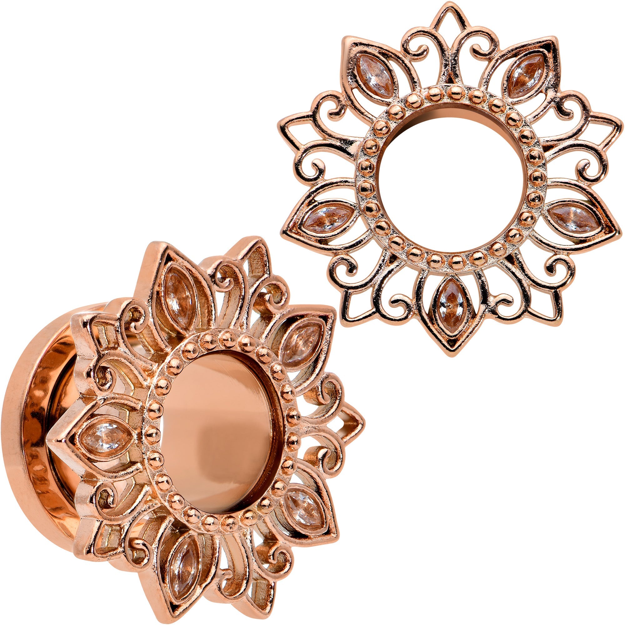 BodyCandy Brown Gem Rose Gold Tone Floral Edge Screw Fit Tunnel Plug Set — in-use photo