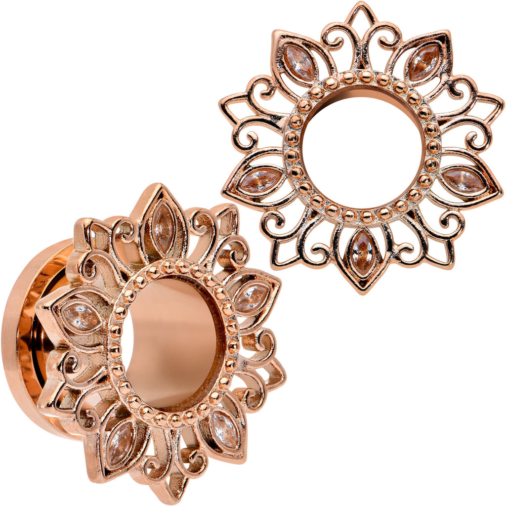 BodyCandy Brown Gem Rose Gold Tone Floral Edge Screw Fit Tunnel Plug Set — size reference
