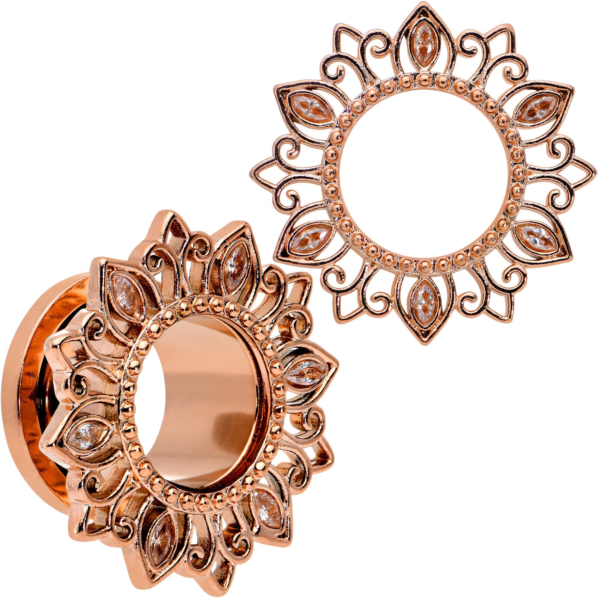 BodyCandy Brown Gem Rose Gold Tone Floral Edge Screw Fit Tunnel Plug Set — color detail