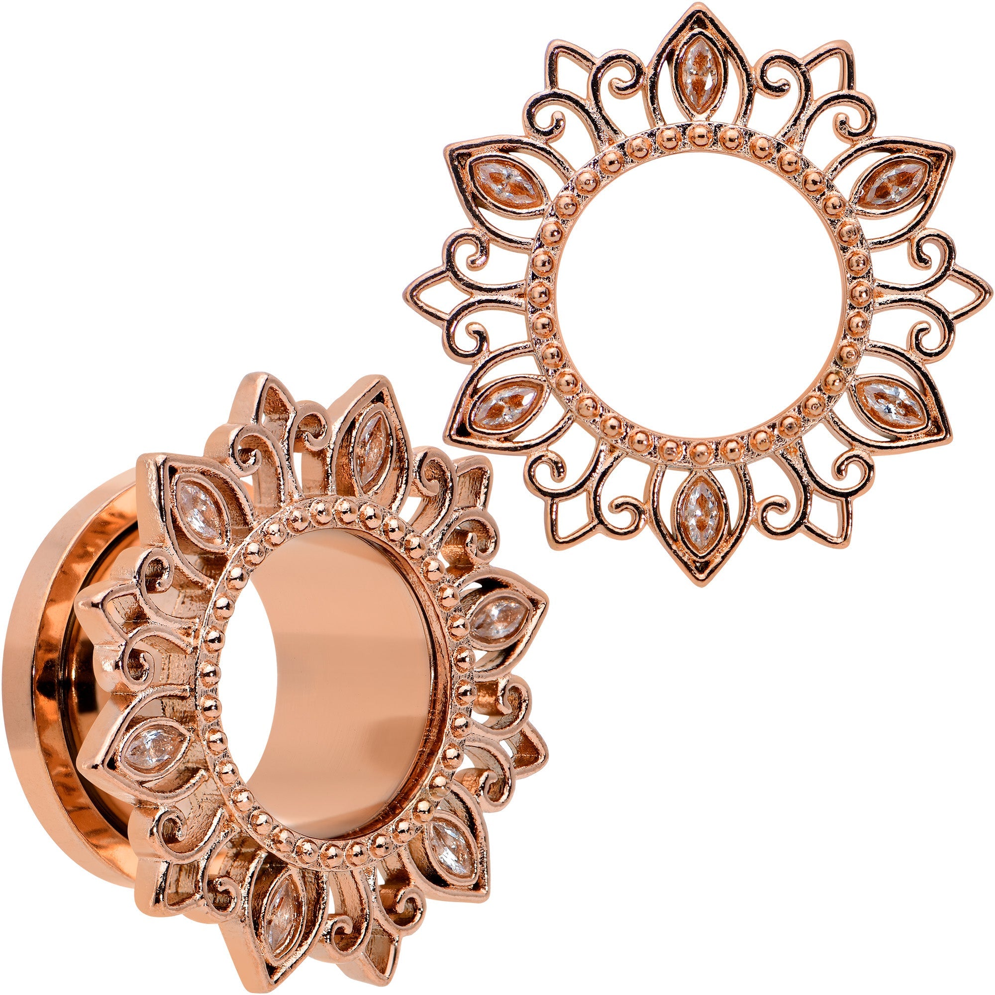 BodyCandy Brown Gem Rose Gold Tone Floral Edge Screw Fit Tunnel Plug Set — packaging