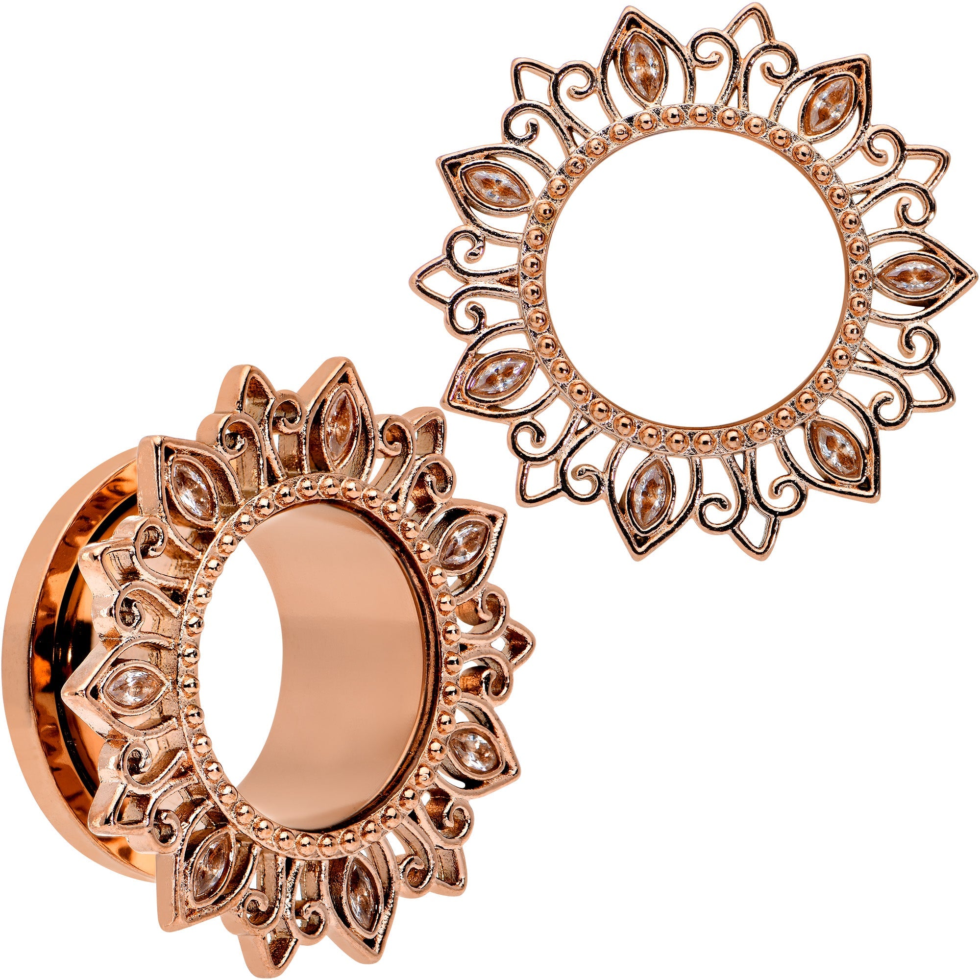 BodyCandy Brown Gem Rose Gold Tone Floral Edge Screw Fit Tunnel Plug Set — comparison shot