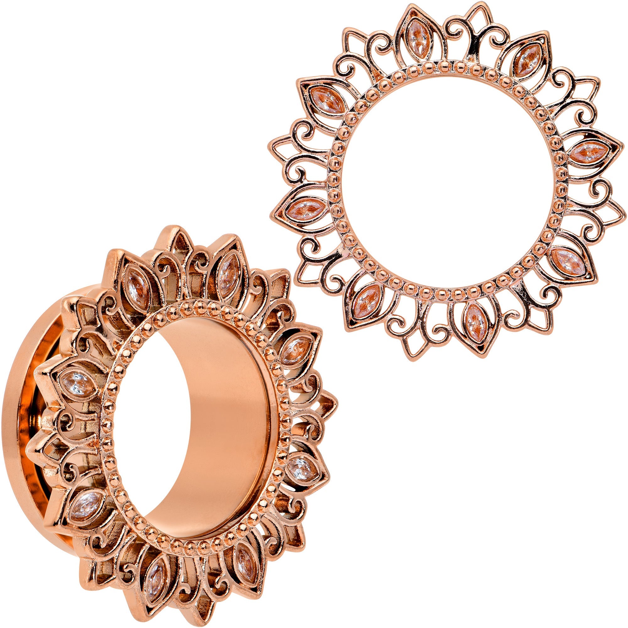 BodyCandy Brown Gem Rose Gold Tone Floral Edge Screw Fit Tunnel Plug Set — fabric or material detail