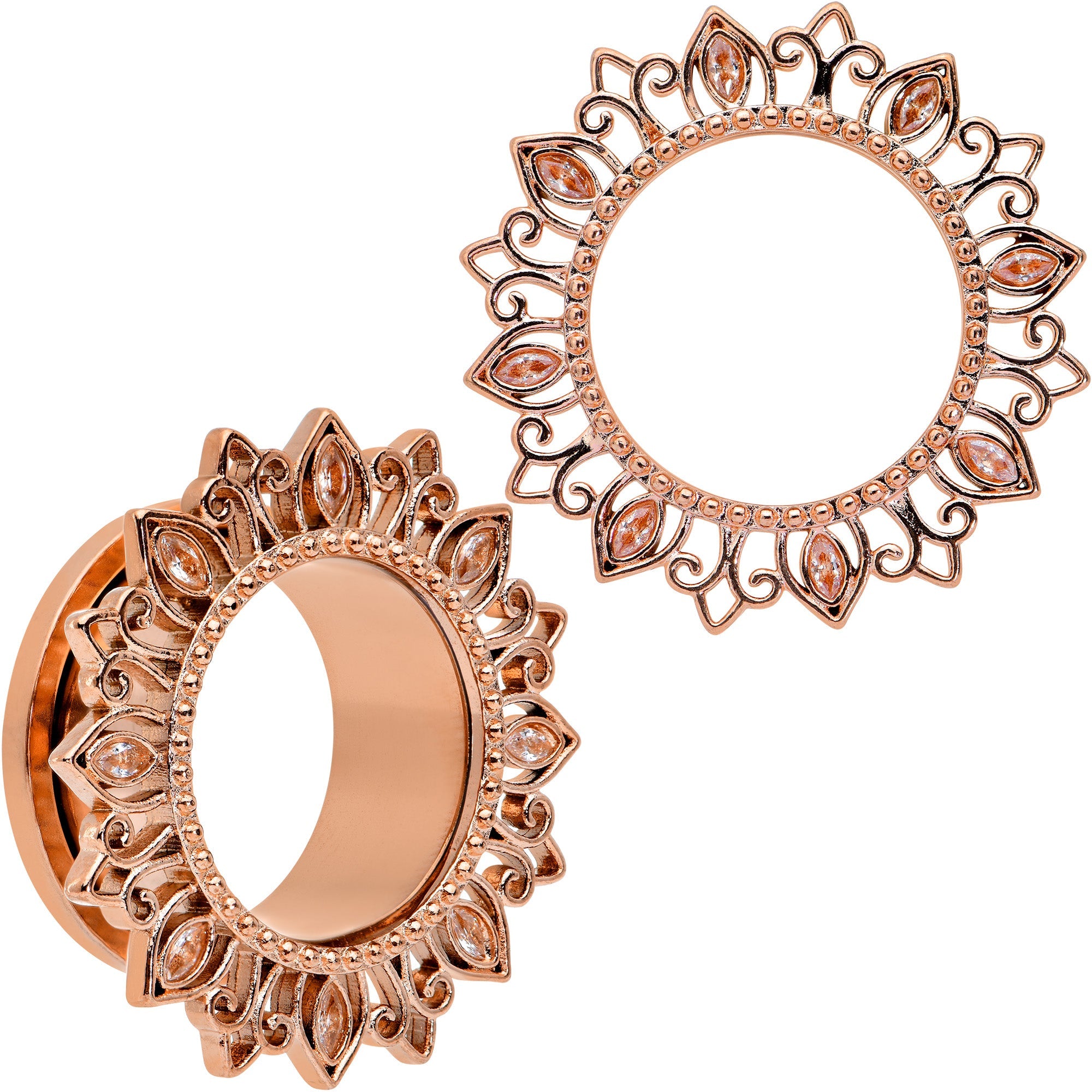BodyCandy Brown Gem Rose Gold Tone Floral Edge Screw Fit Tunnel Plug Set — feature highlight