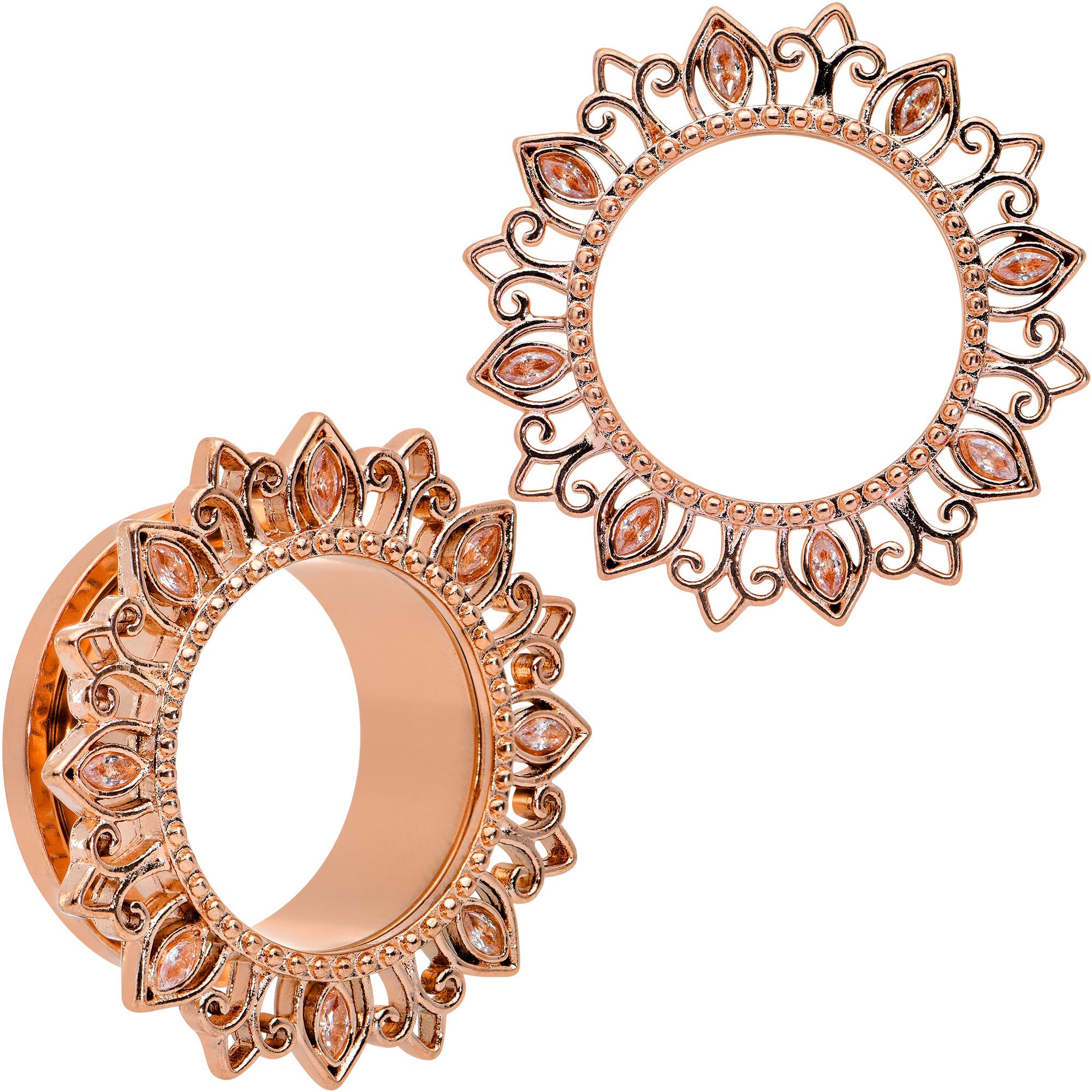 BodyCandy Brown Gem Rose Gold Tone Floral Edge Screw Fit Tunnel Plug Set — product on model