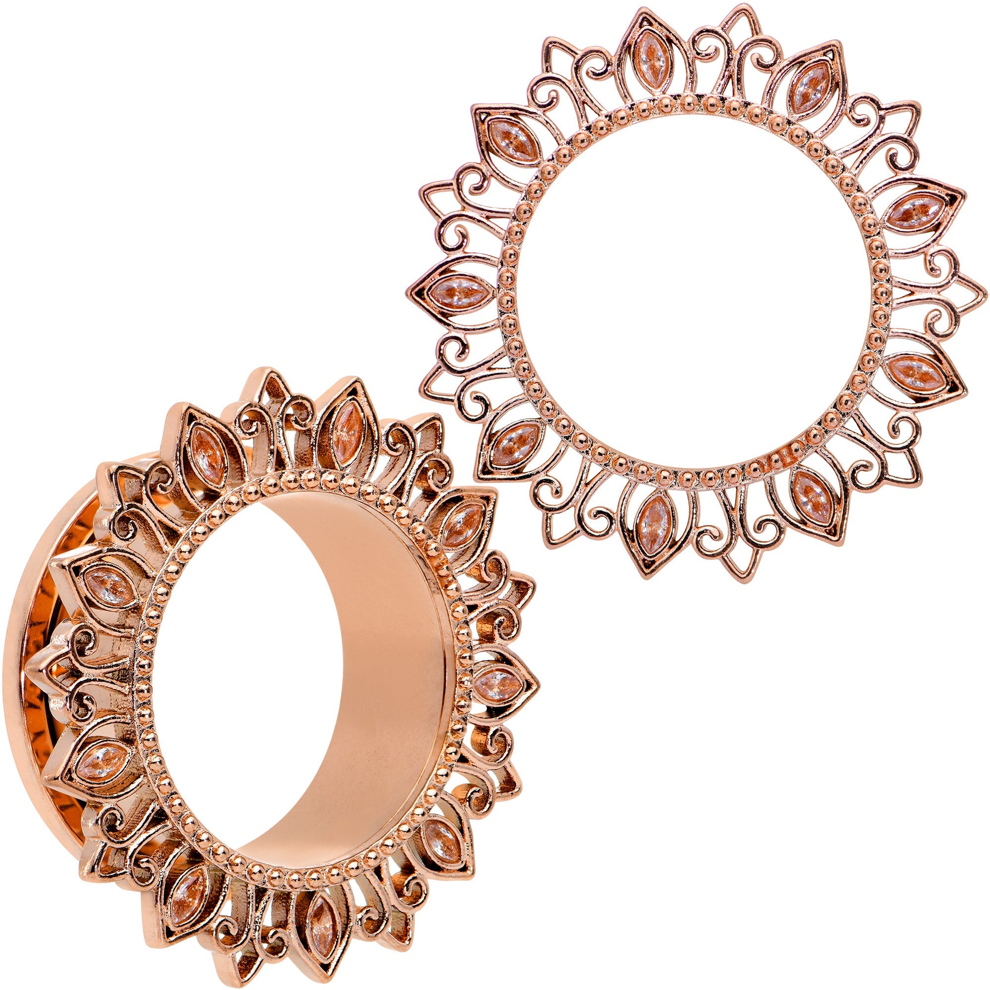 BodyCandy Brown Gem Rose Gold Tone Floral Edge Screw Fit Tunnel Plug Set — flat-lay composition