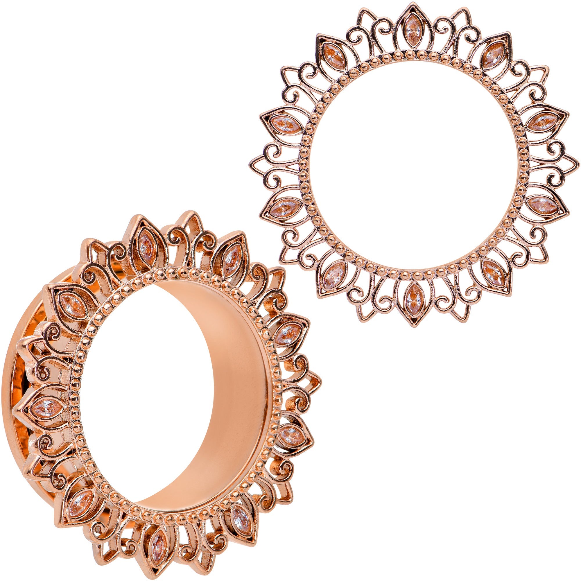 BodyCandy Brown Gem Rose Gold Tone Floral Edge Screw Fit Tunnel Plug Set — main product shot