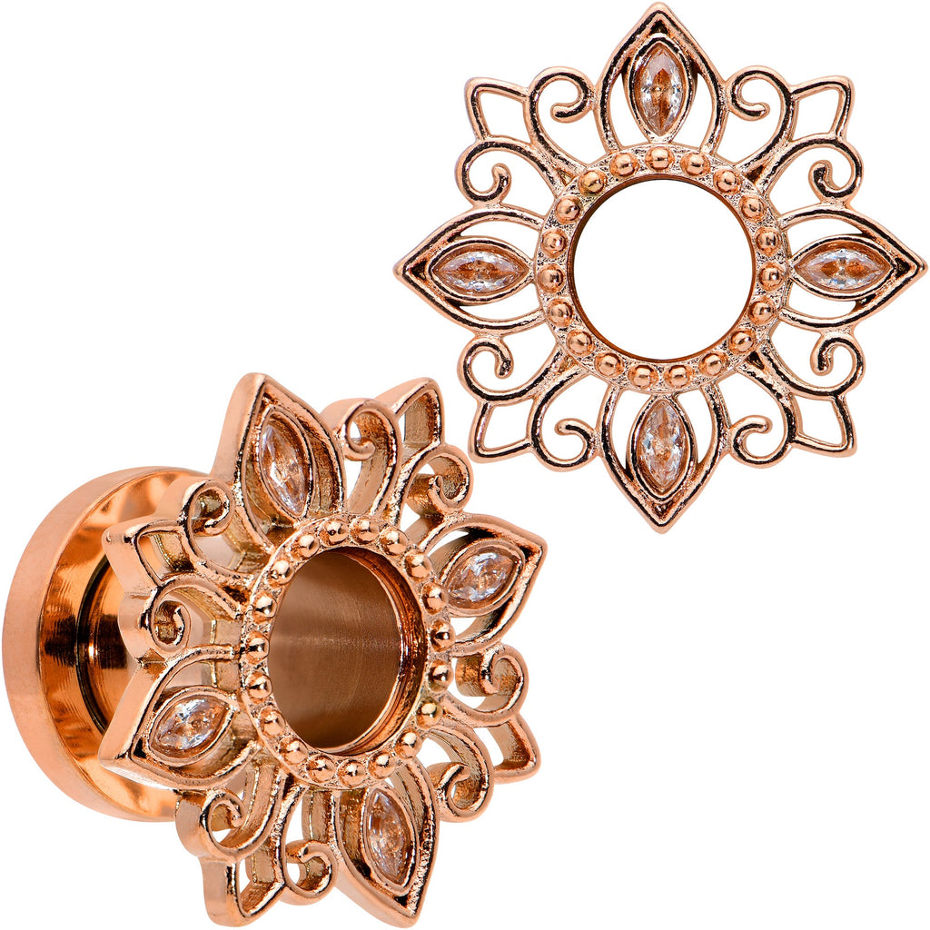 BodyCandy Brown Gem Rose Gold Tone Floral Edge Screw Fit Tunnel Plug Set — alternative angle