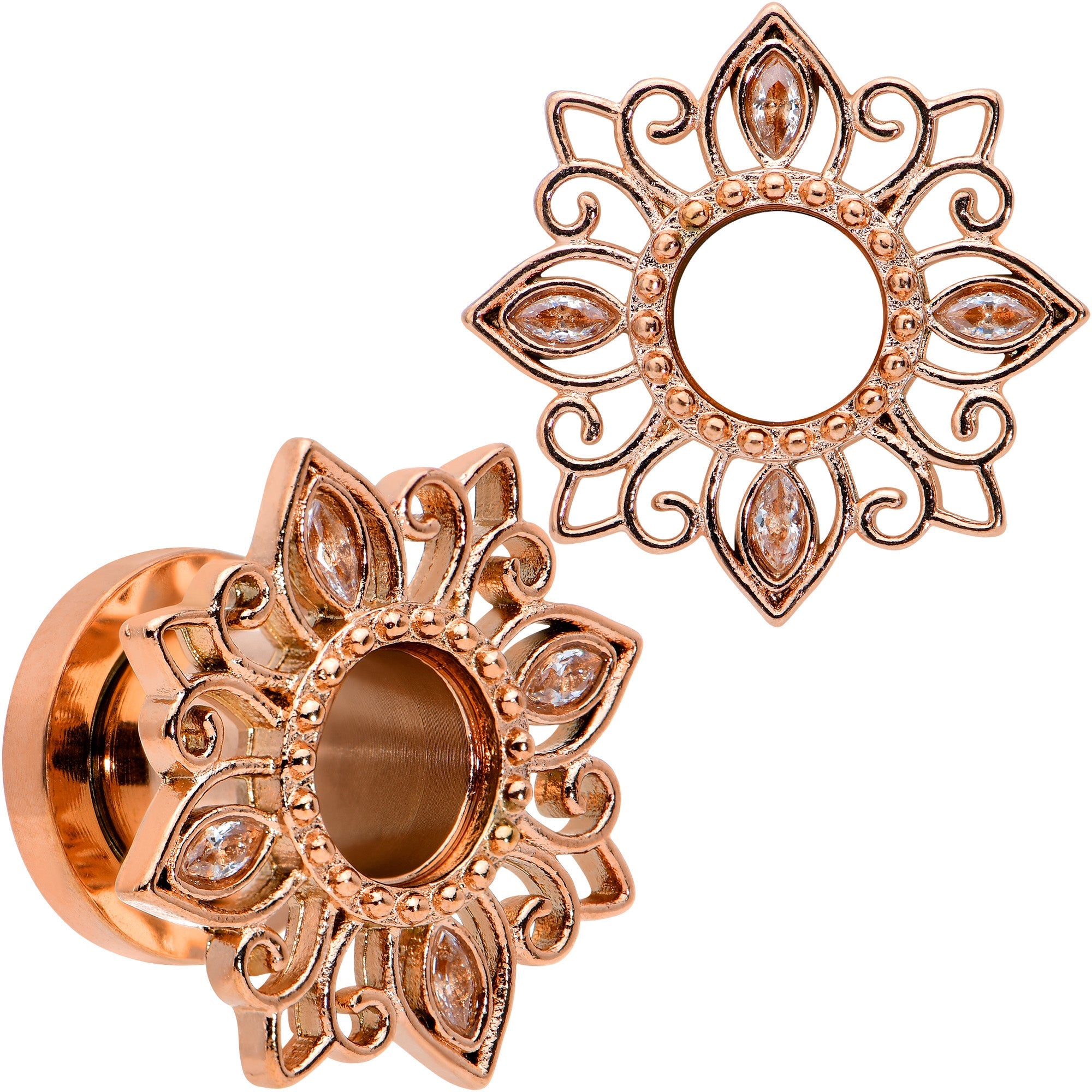 BodyCandy Brown Gem Rose Gold Tone Floral Edge Screw Fit Tunnel Plug Set — alternative angle