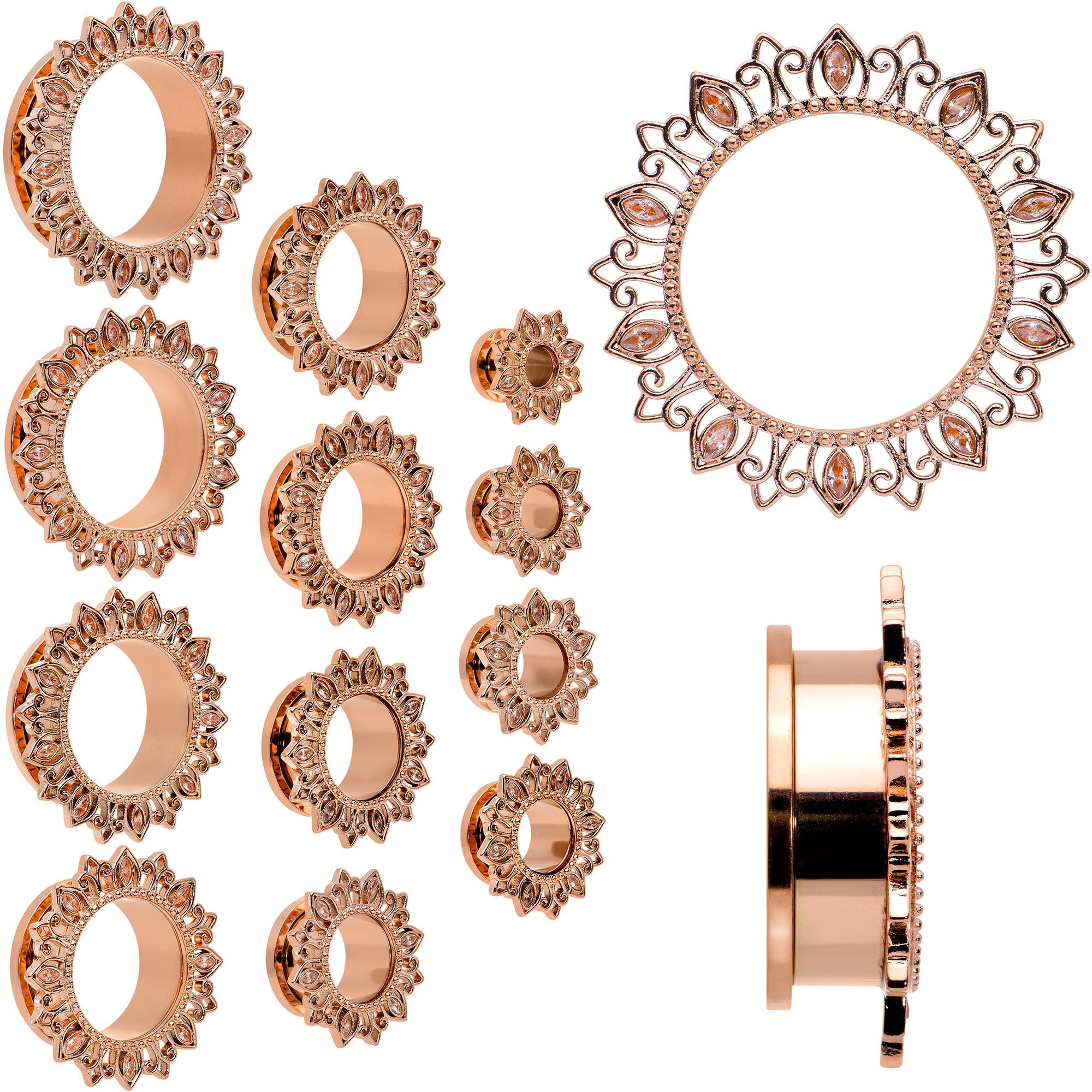 BodyCandy Brown Gem Rose Gold Tone Floral Edge Screw Fit Tunnel Plug Set — main product shot