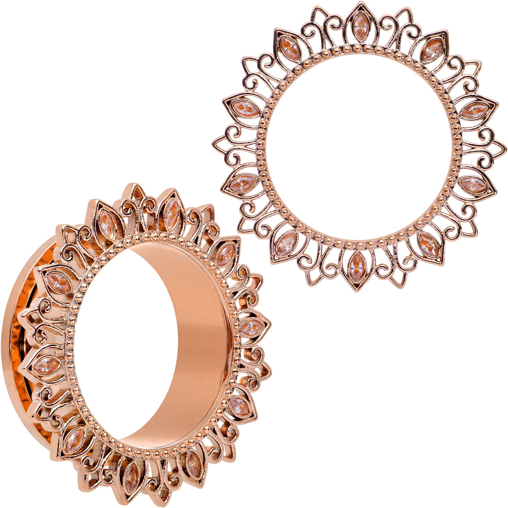 BodyCandy Brown Gem Rose Gold Tone Floral Edge Screw Fit Tunnel Plug Set — detail close-up