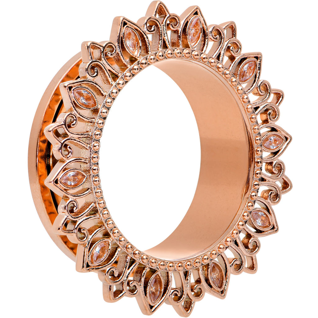 BodyCandy Brown Gem Rose Gold Tone Floral Edge Screw Fit Tunnel Plug Set — lifestyle context