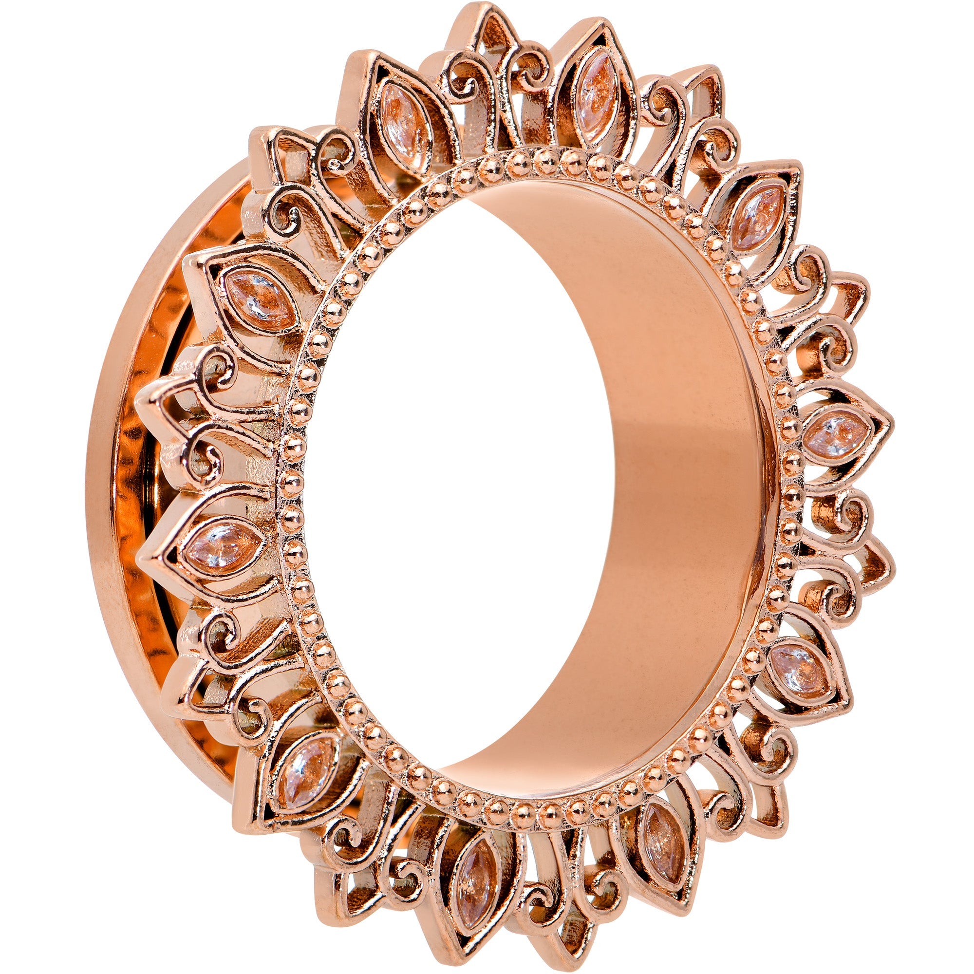 BodyCandy Brown Gem Rose Gold Tone Floral Edge Screw Fit Tunnel Plug Set — lifestyle context