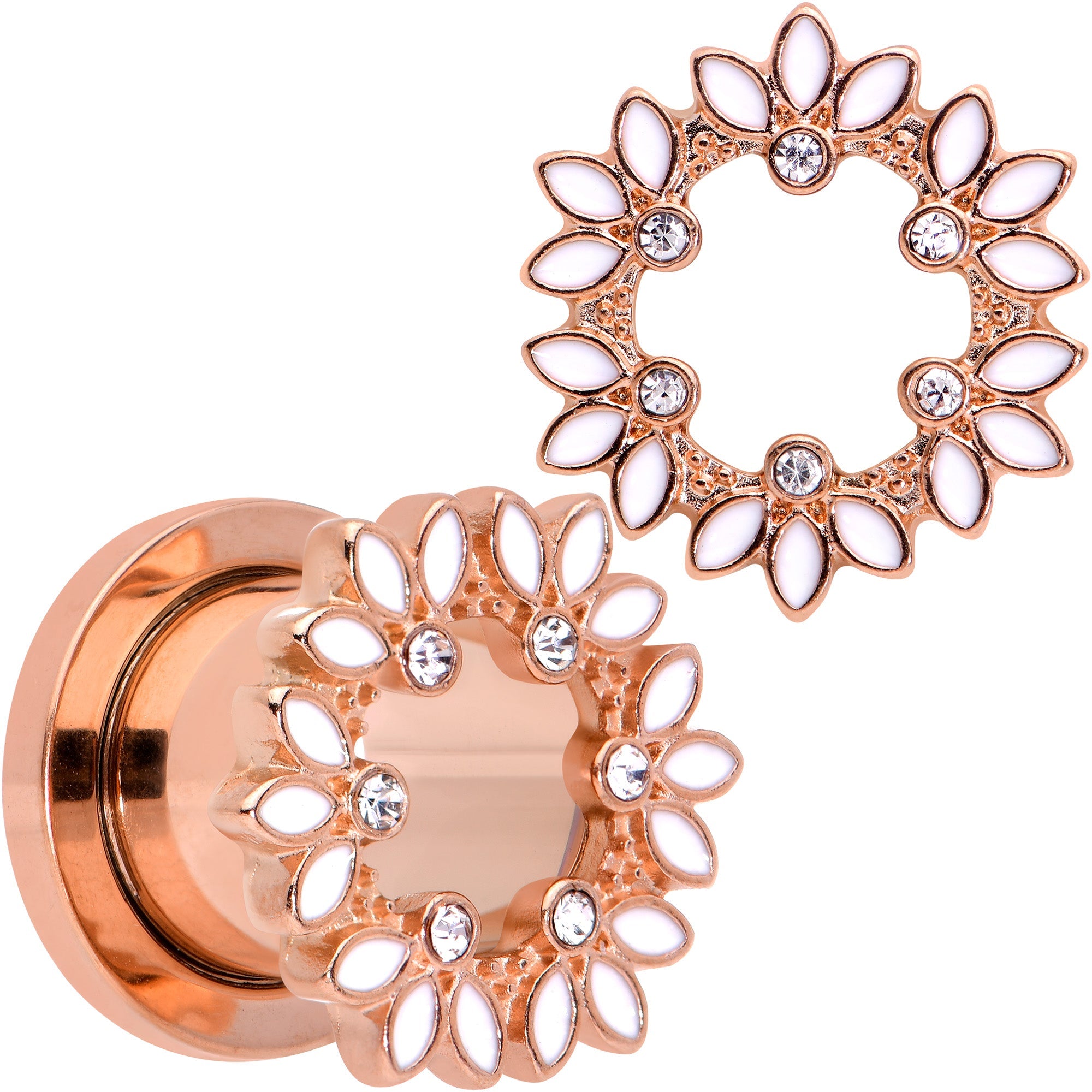 BodyCandy Clear Gem Rose Gold Tone White Leaves Screw Fit Tunnel Plug Set — alternative angle