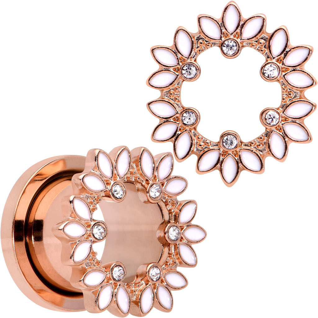 BodyCandy Clear Gem Rose Gold Tone White Leaves Screw Fit Tunnel Plug Set — size reference