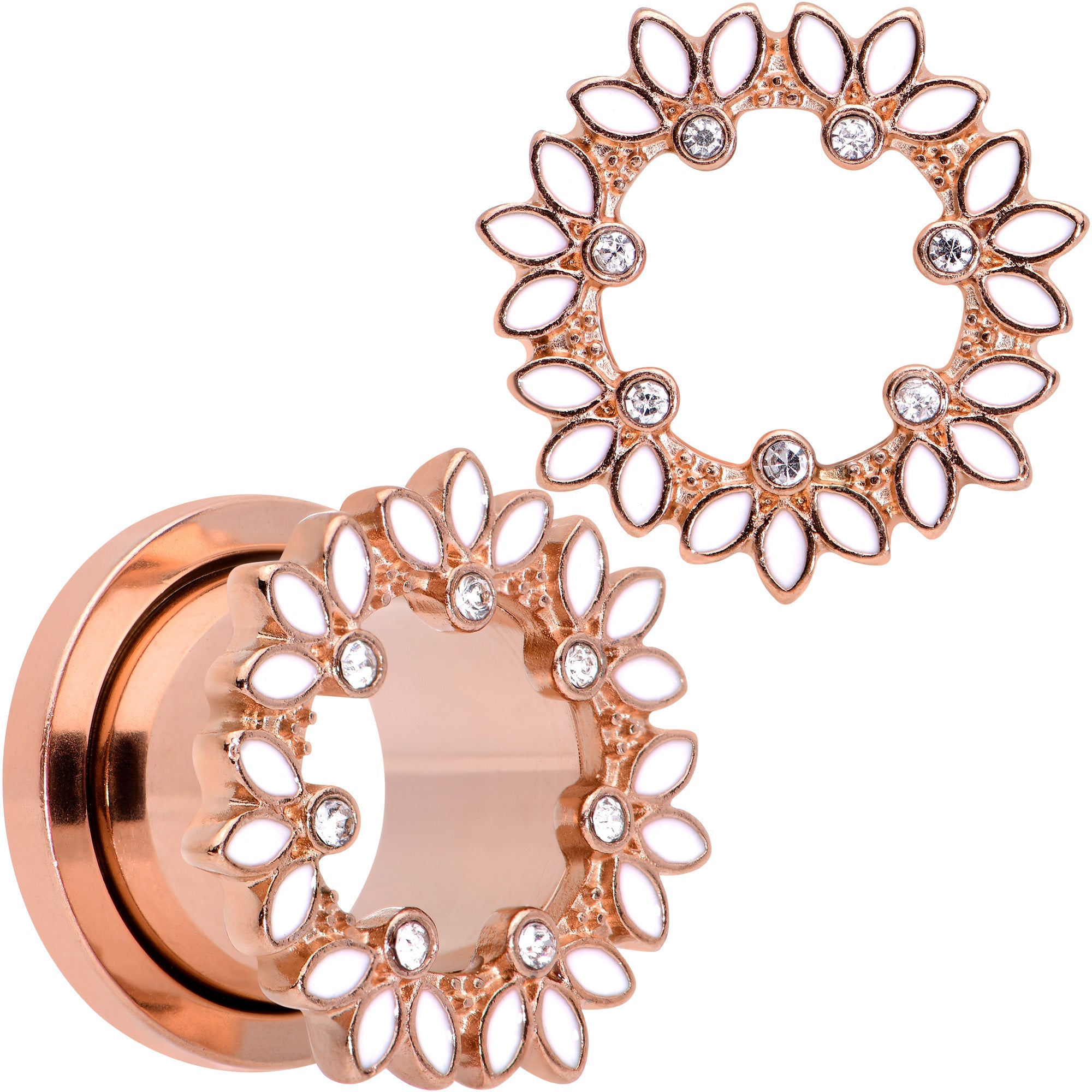BodyCandy Clear Gem Rose Gold Tone White Leaves Screw Fit Tunnel Plug Set — color detail