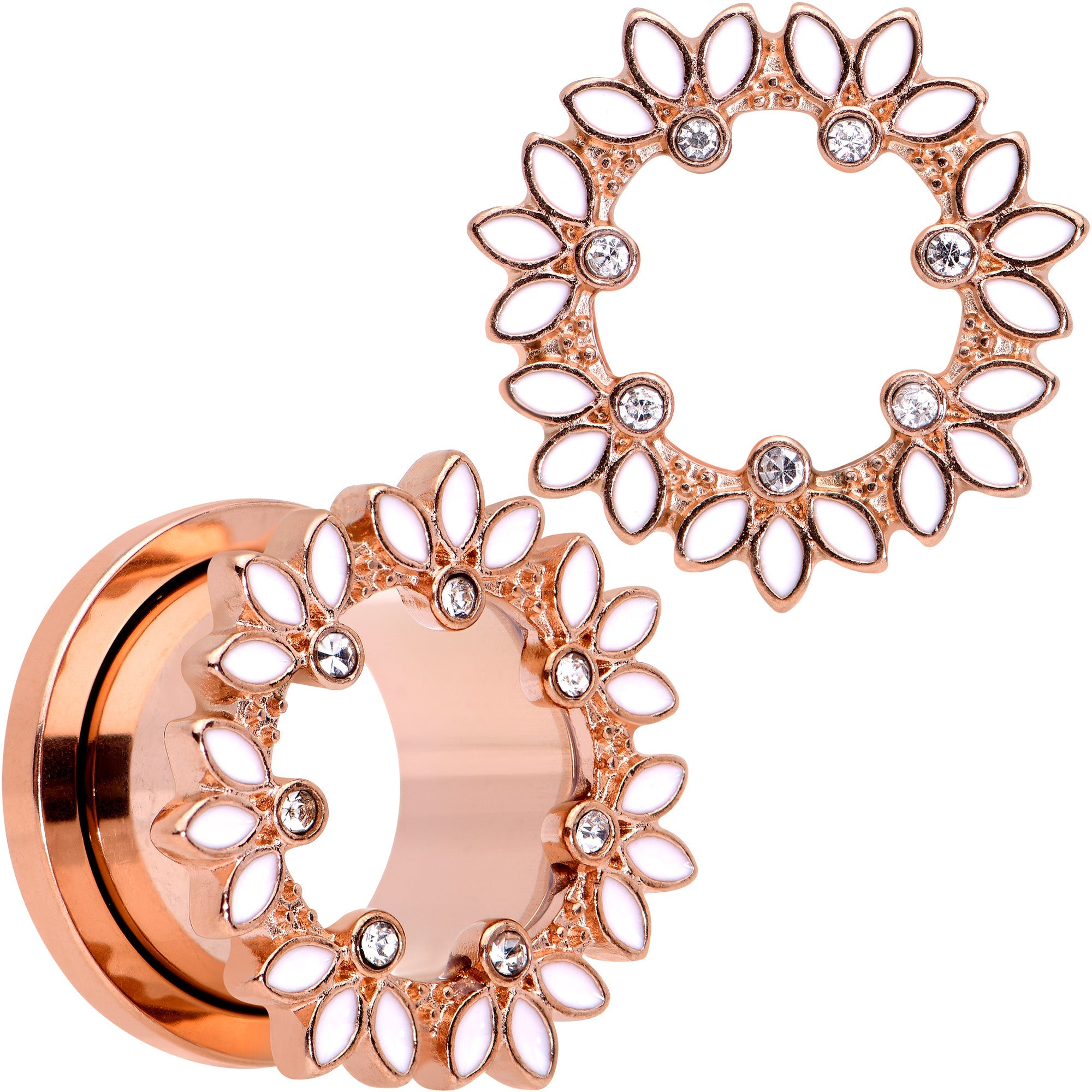BodyCandy Clear Gem Rose Gold Tone White Leaves Screw Fit Tunnel Plug Set — packaging