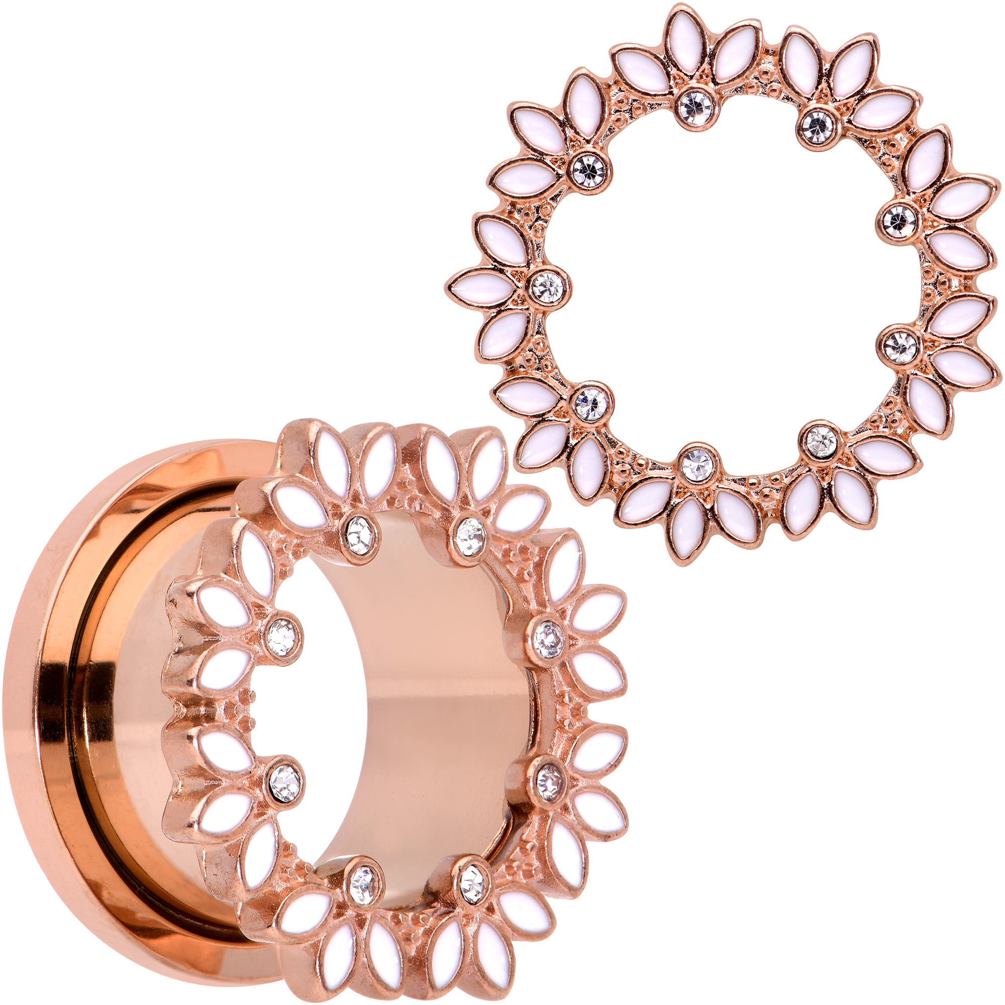 BodyCandy Clear Gem Rose Gold Tone White Leaves Screw Fit Tunnel Plug Set — comparison shot