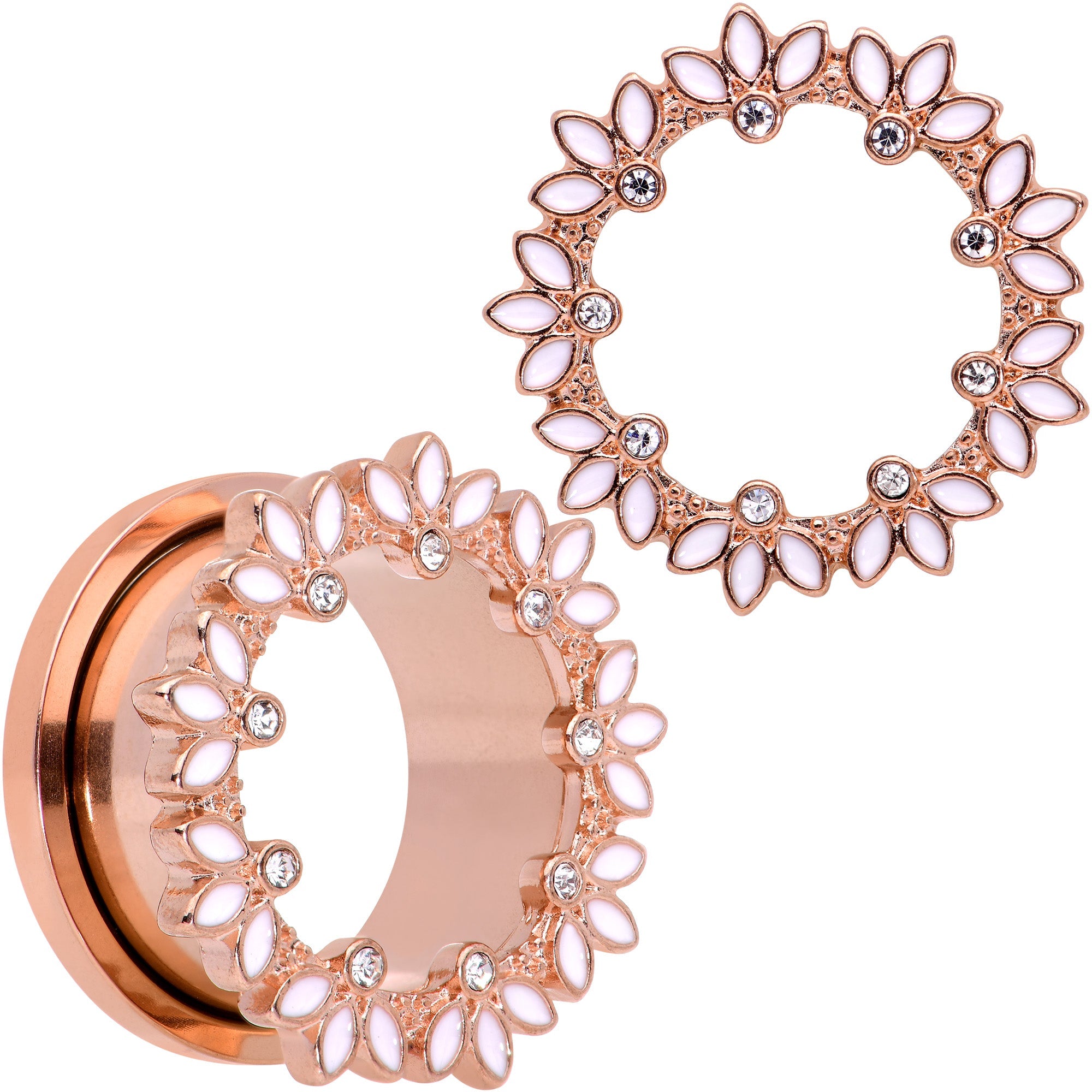 BodyCandy Clear Gem Rose Gold Tone White Leaves Screw Fit Tunnel Plug Set — fabric or material detail