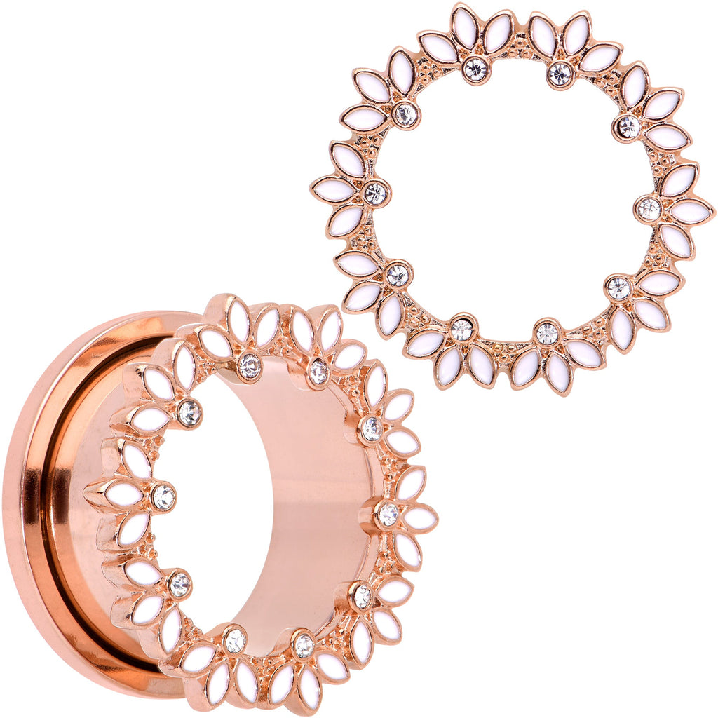 BodyCandy Clear Gem Rose Gold Tone White Leaves Screw Fit Tunnel Plug Set — feature highlight