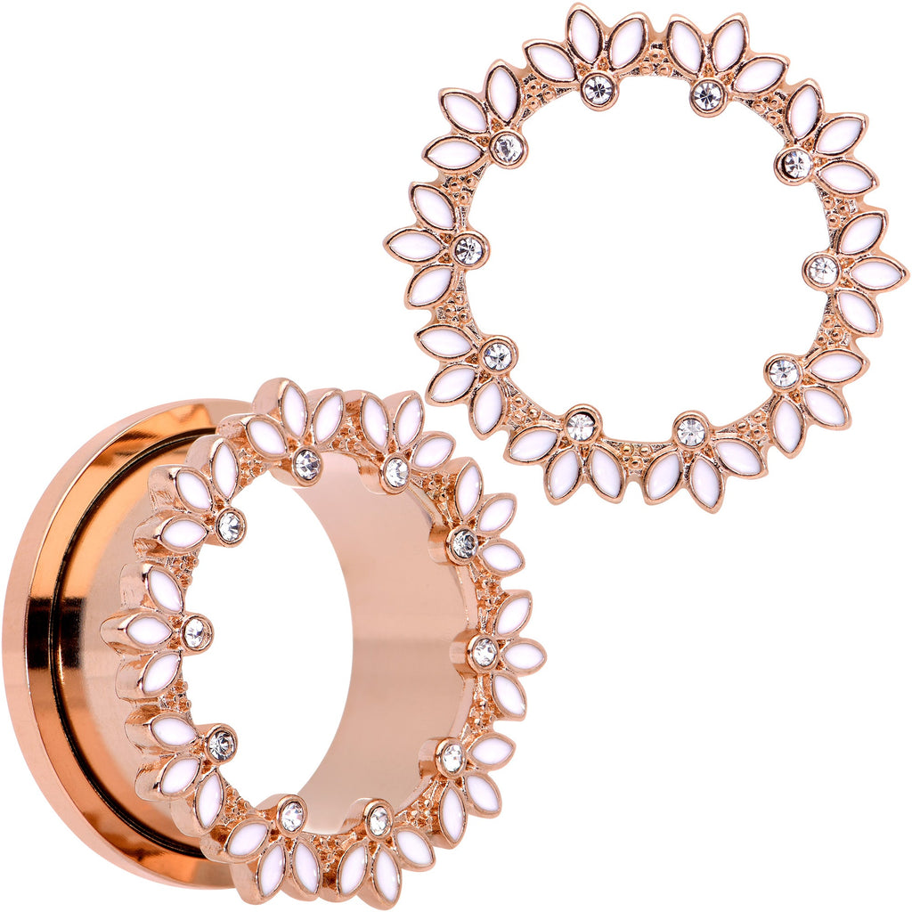BodyCandy Clear Gem Rose Gold Tone White Leaves Screw Fit Tunnel Plug Set — product on model