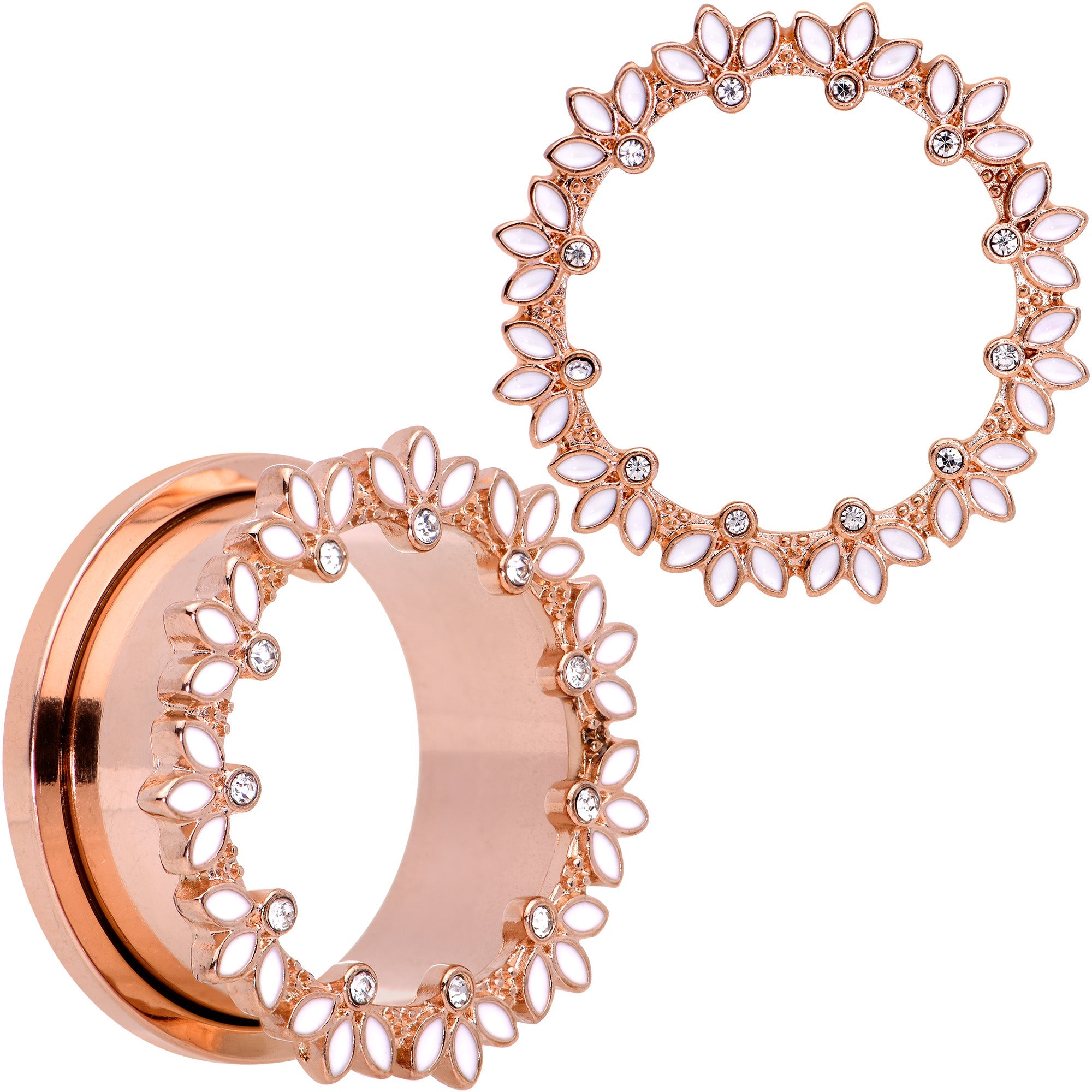BodyCandy Clear Gem Rose Gold Tone White Leaves Screw Fit Tunnel Plug Set — flat-lay composition