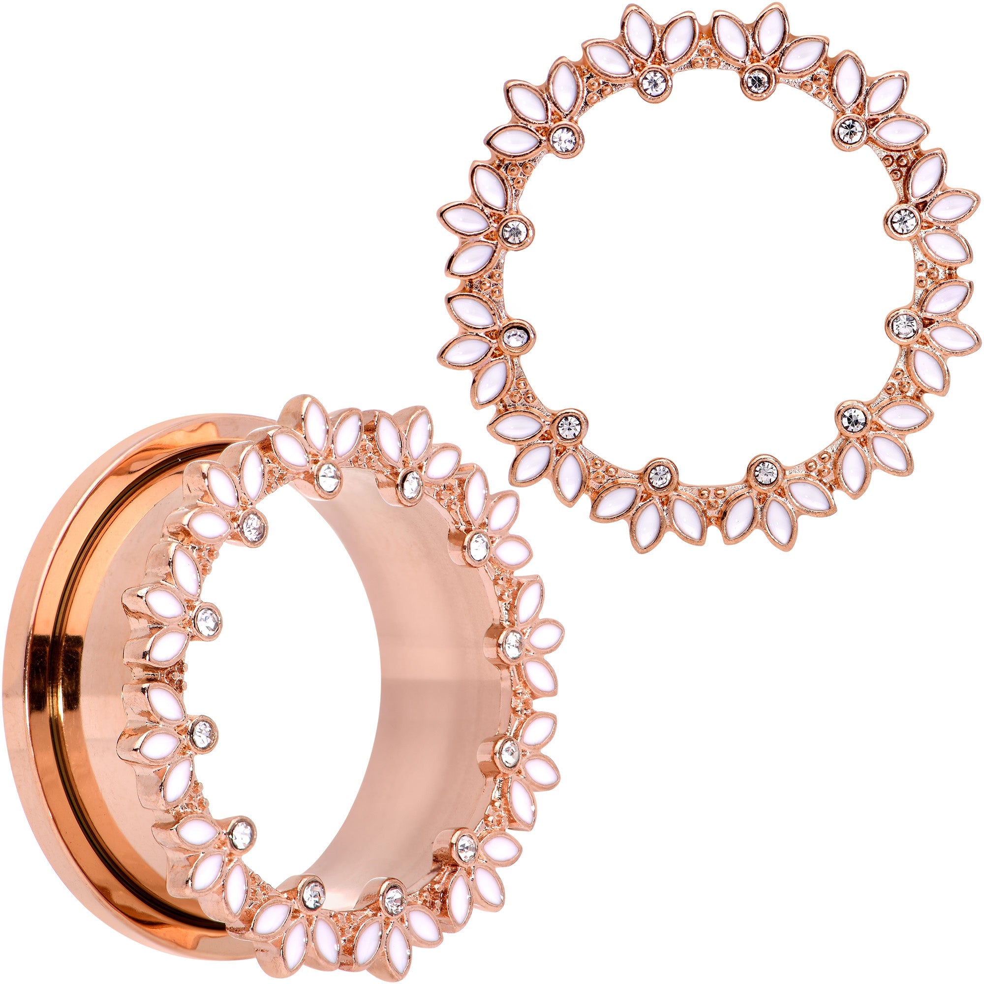 BodyCandy Clear Gem Rose Gold Tone White Leaves Screw Fit Tunnel Plug Set — main product shot