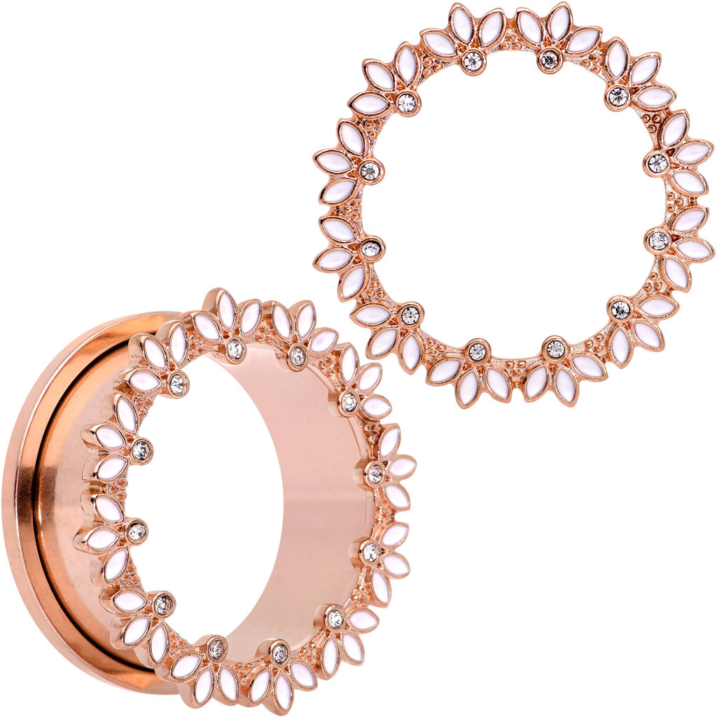 BodyCandy Clear Gem Rose Gold Tone White Leaves Screw Fit Tunnel Plug Set — detail close-up