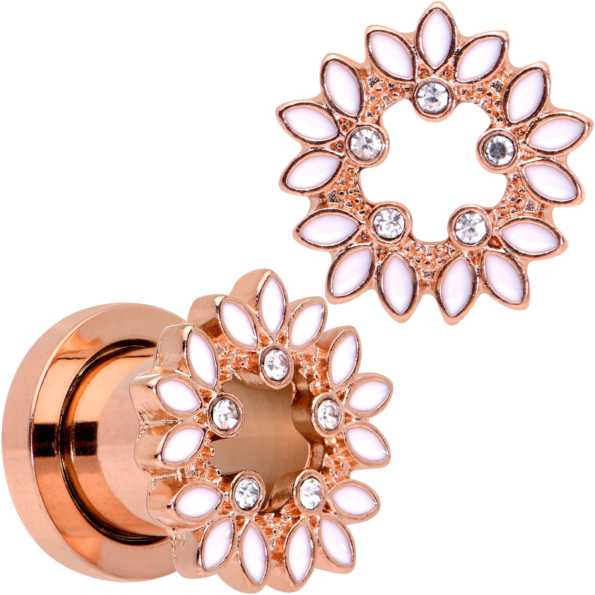 BodyCandy Clear Gem Rose Gold Tone White Leaves Screw Fit Tunnel Plug Set — in-use photo