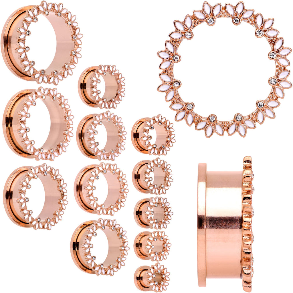 BodyCandy Clear Gem Rose Gold Tone White Leaves Screw Fit Tunnel Plug Set — main product shot