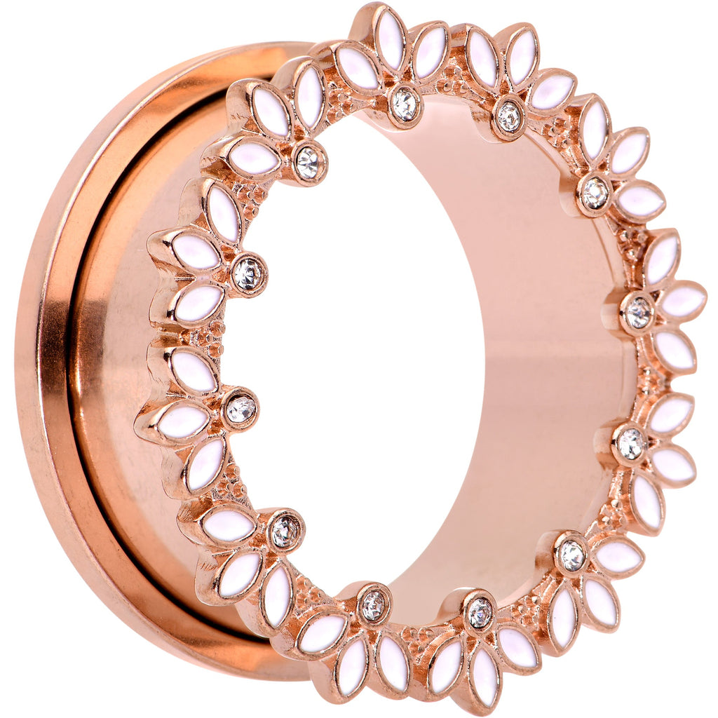 BodyCandy Clear Gem Rose Gold Tone White Leaves Screw Fit Tunnel Plug Set — lifestyle context