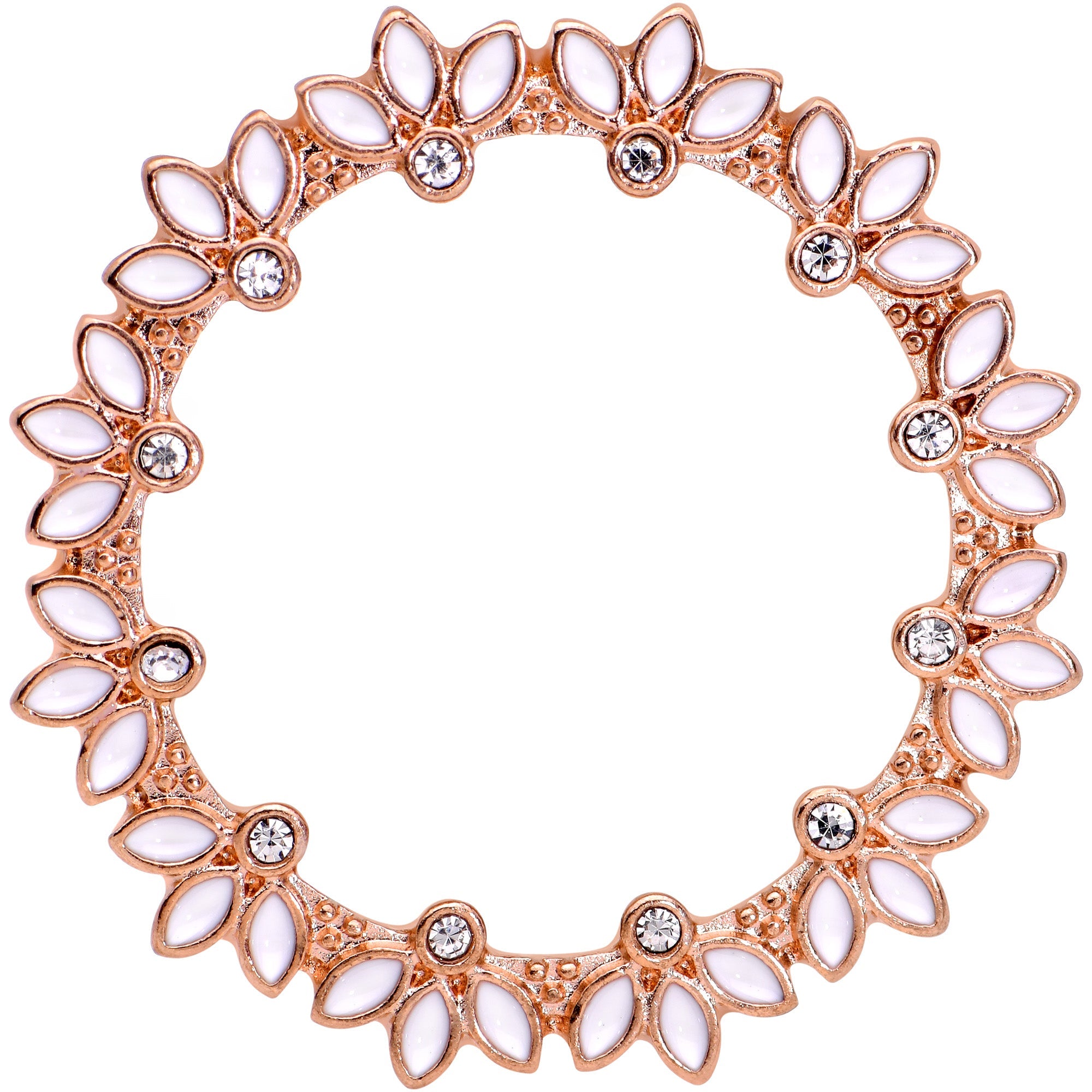 BodyCandy Clear Gem Rose Gold Tone White Leaves Screw Fit Tunnel Plug Set — side view