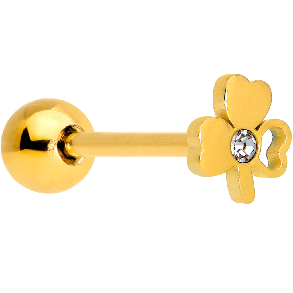 BodyCandy Clear Gem Gold Tone Shamrock St Patricks Day Barbell Tongue Ring — main product shot
