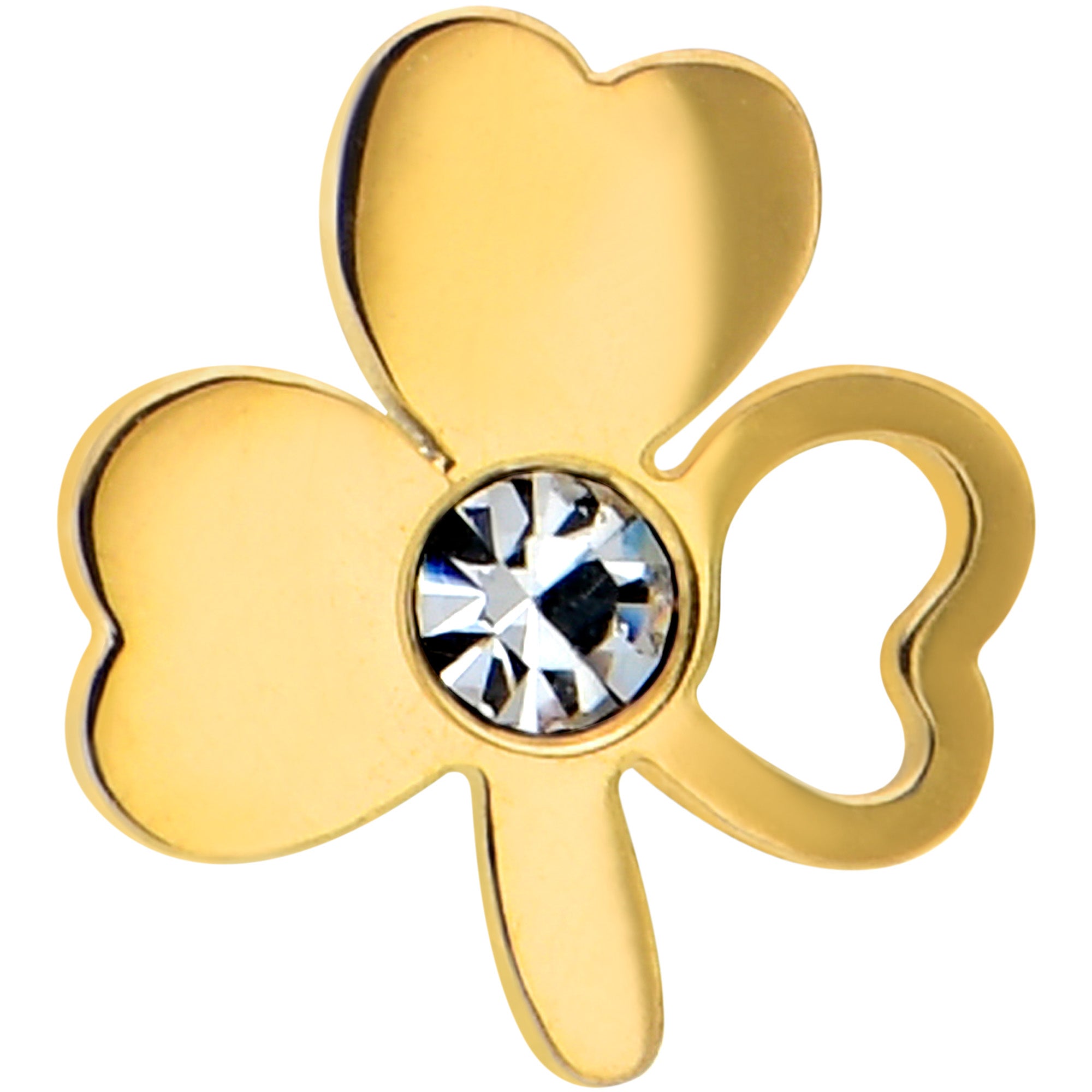 BodyCandy Clear Gem Gold Tone Shamrock St Patricks Day Barbell Tongue Ring — detail close-up
