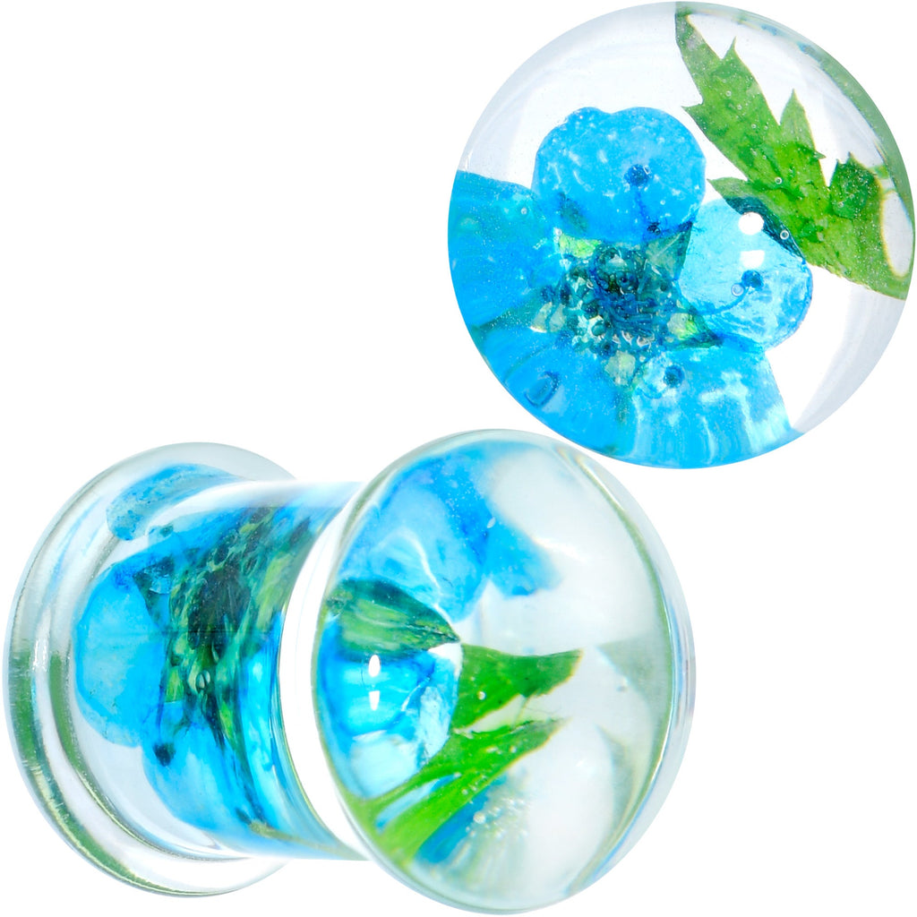 BodyCandy Clear Acrylic Color Pressed Flowers Double Flare Plug Set — main product shot