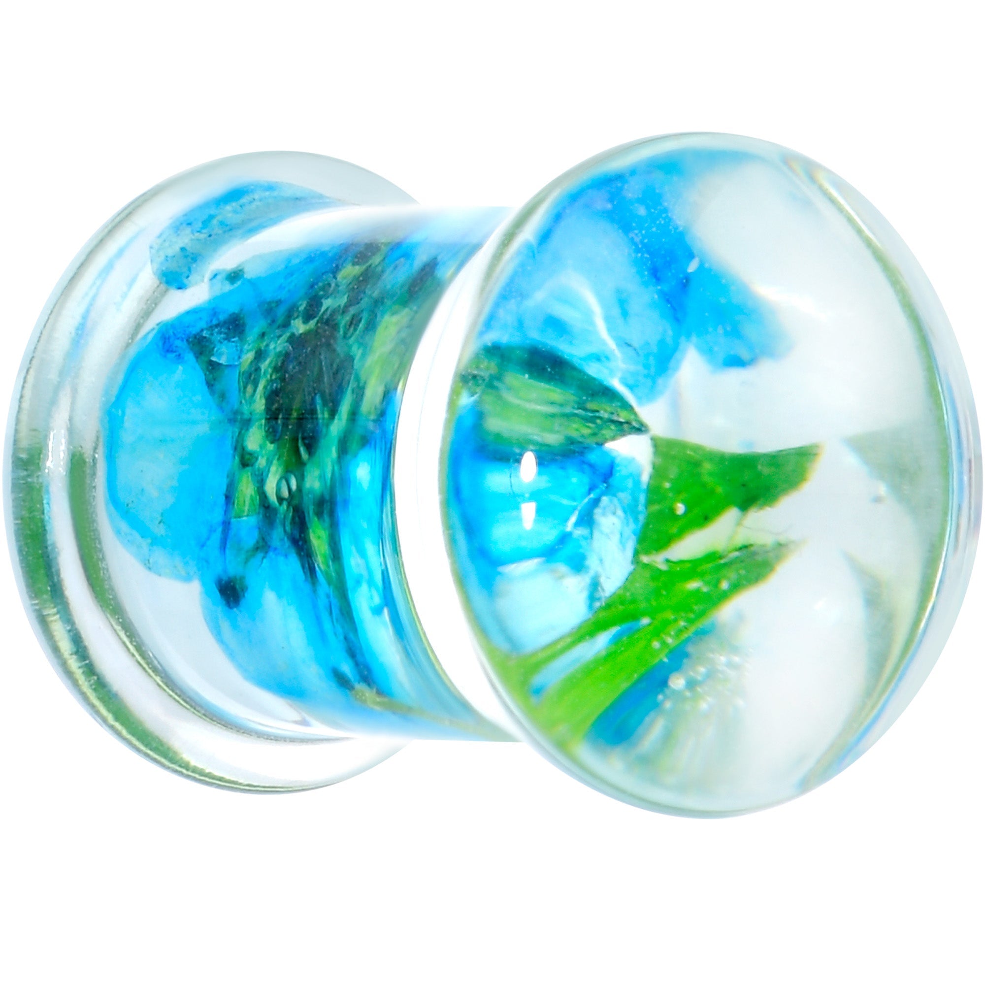 BodyCandy Clear Acrylic Color Pressed Flowers Double Flare Plug Set — detail close-up