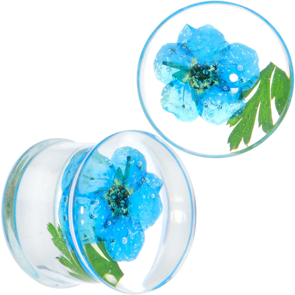 BodyCandy Clear Acrylic Color Pressed Flowers Double Flare Plug Set — in-use photo