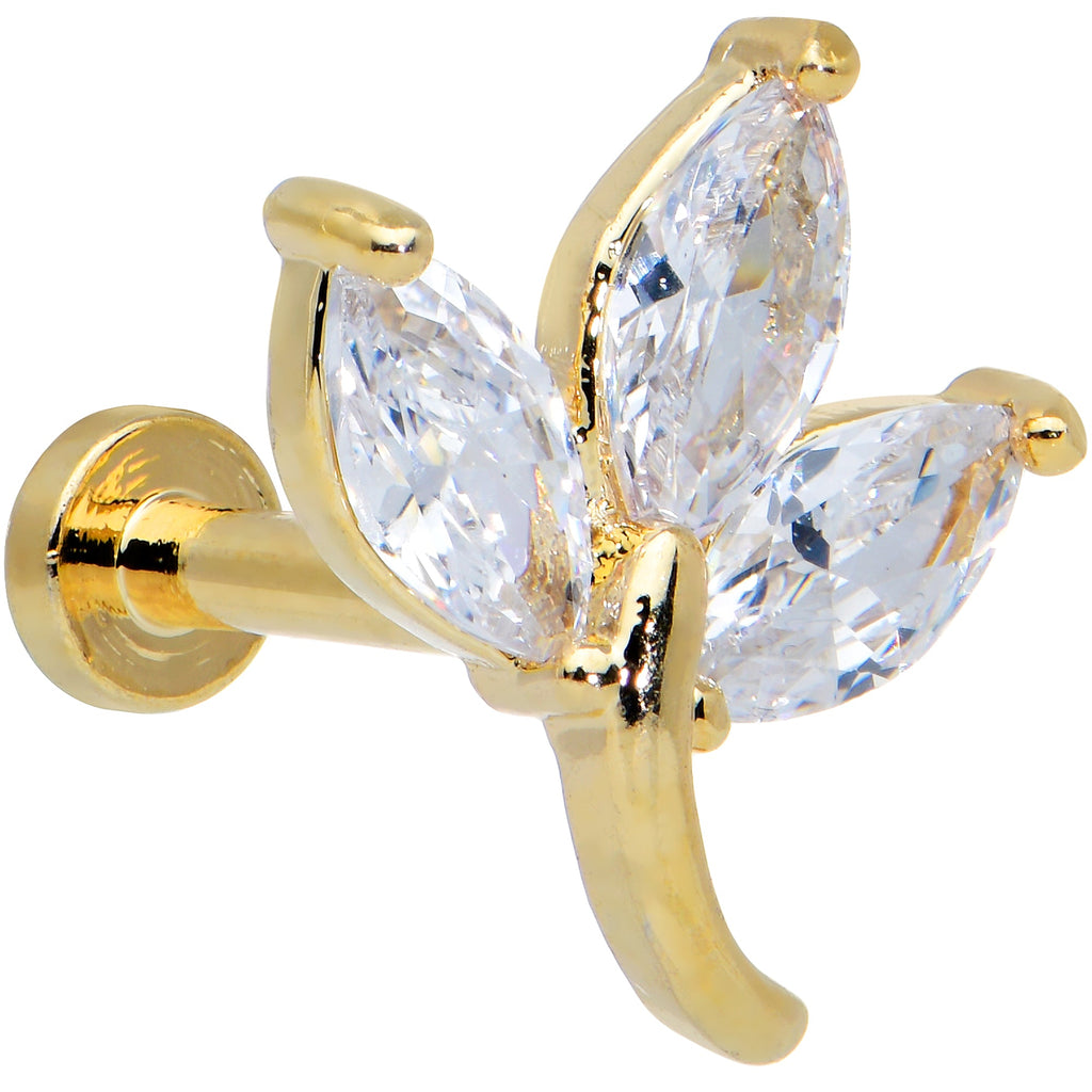 BodyCandy 16G 1/4 Clear CZ Gem Gold Tone Leaves Internal Thread Labret — main product shot
