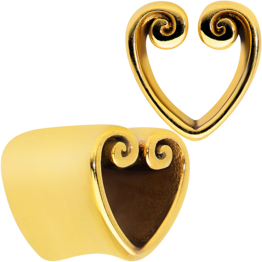 BodyCandy Gold Tone Curled Heart Valentines Day Tunnel Plug Set — main product shot