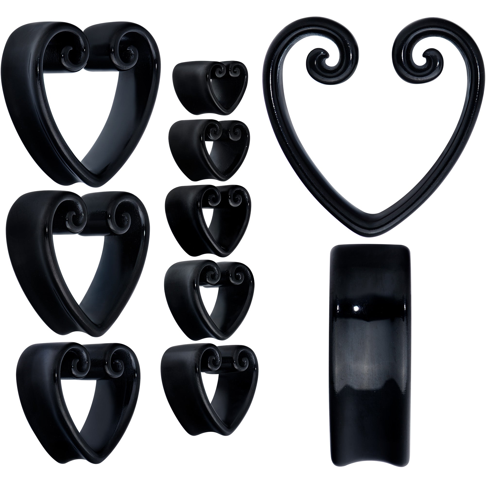 BodyCandy Black Curled Heart Valentines Day Tunnel Plug Set — back view