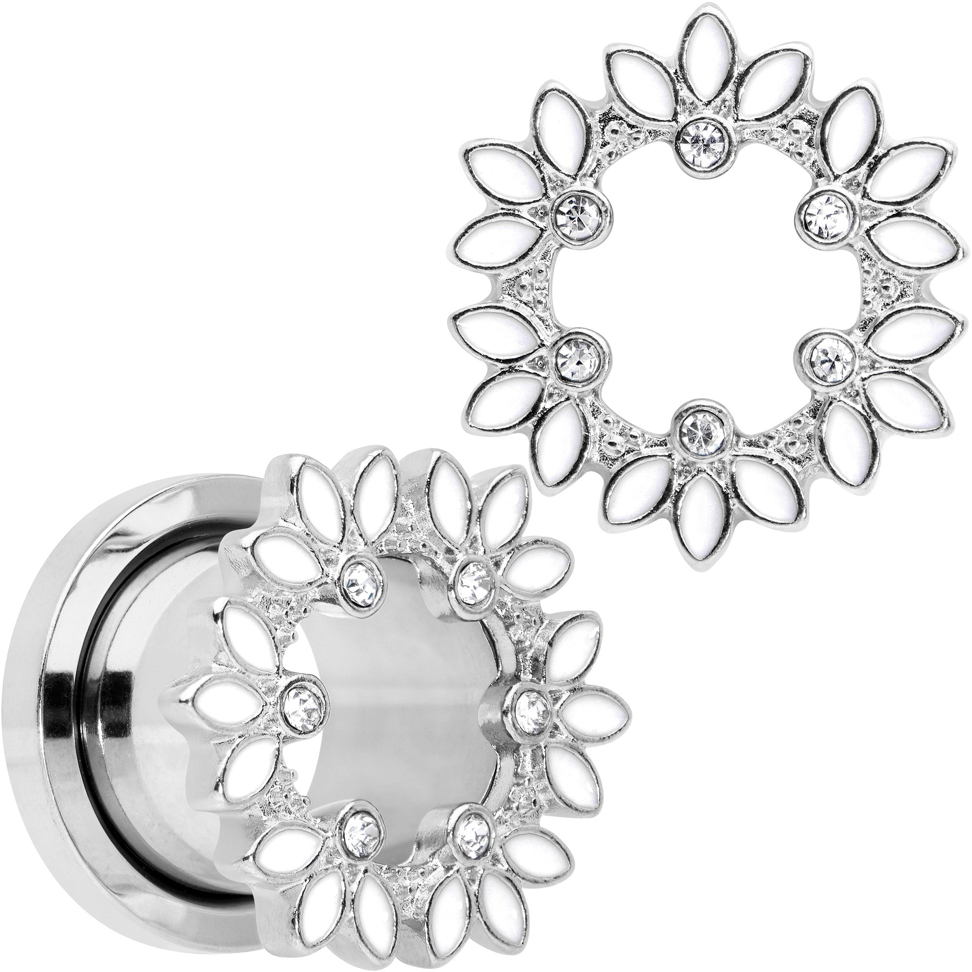 BodyCandy Clear Gem White Leaves Screw Fit Tunnel Plug Set — color detail