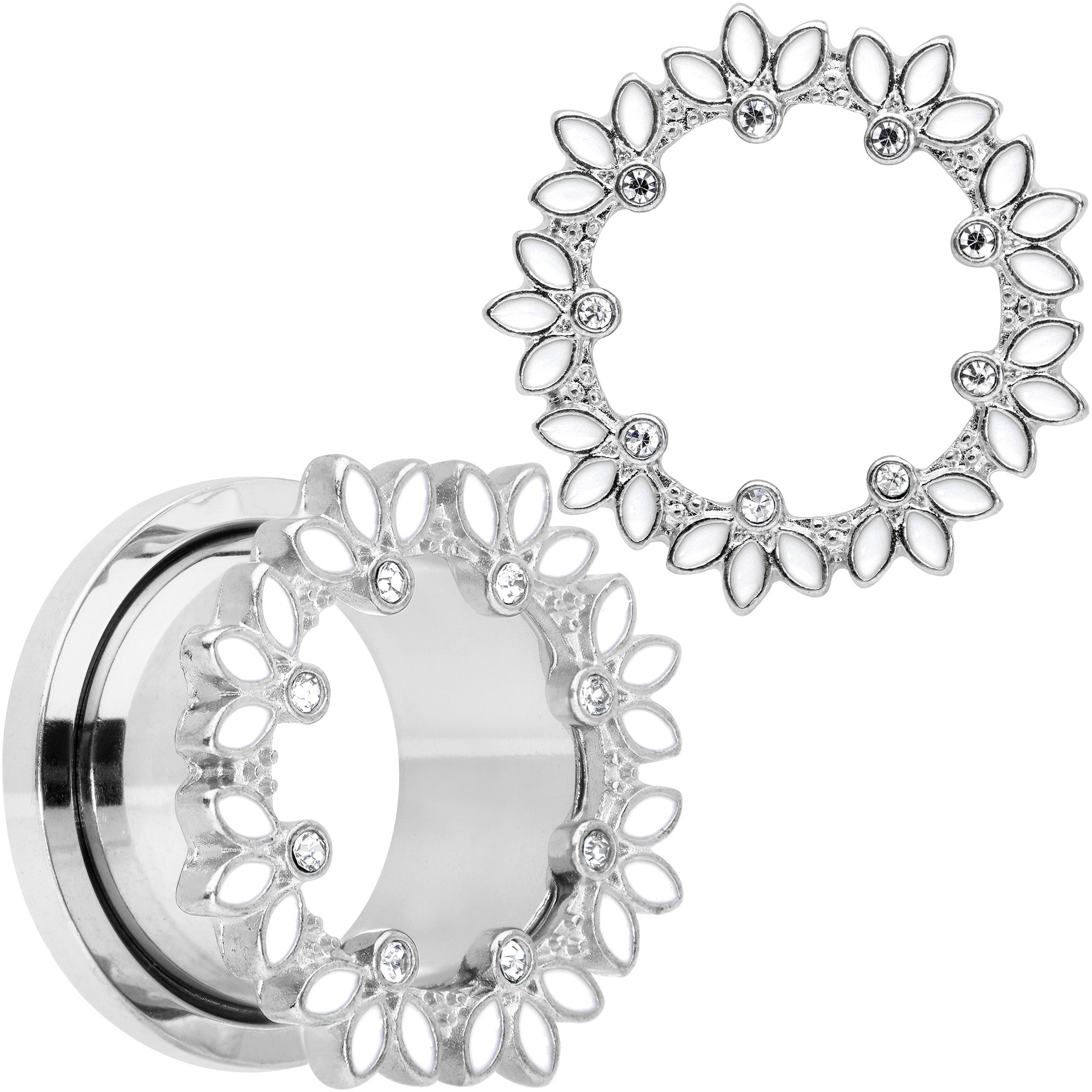 BodyCandy Clear Gem White Leaves Screw Fit Tunnel Plug Set — fabric or material detail