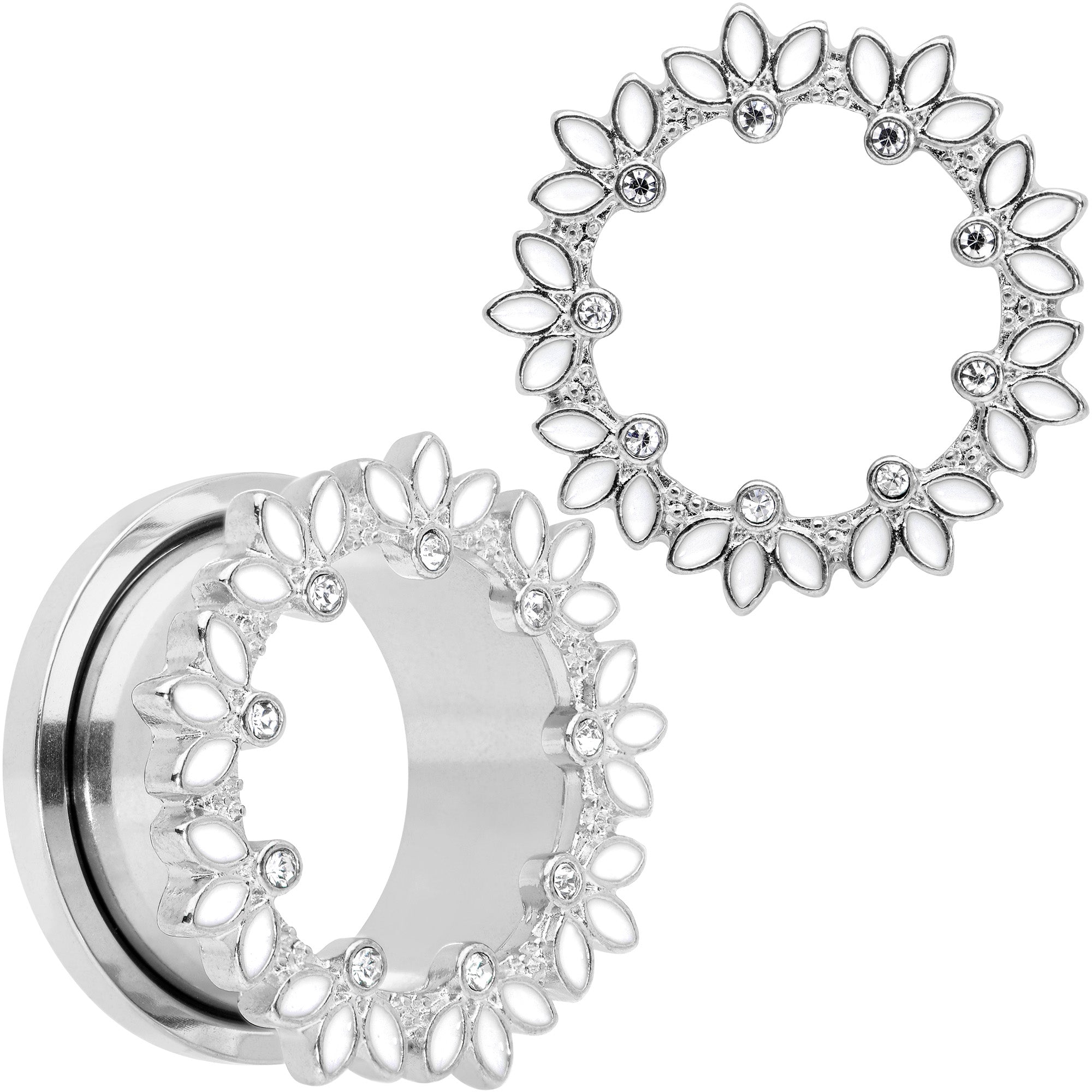 BodyCandy Clear Gem White Leaves Screw Fit Tunnel Plug Set — feature highlight