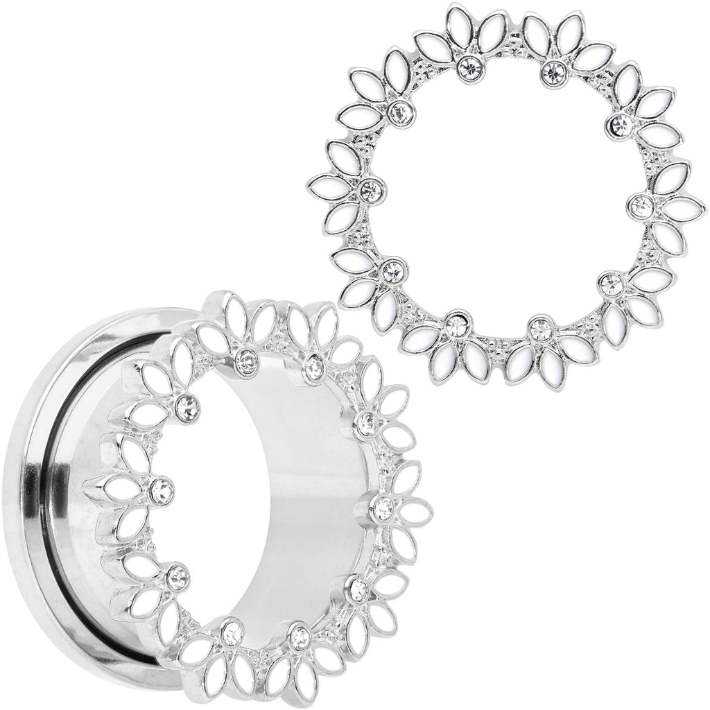 BodyCandy Clear Gem White Leaves Screw Fit Tunnel Plug Set — product on model
