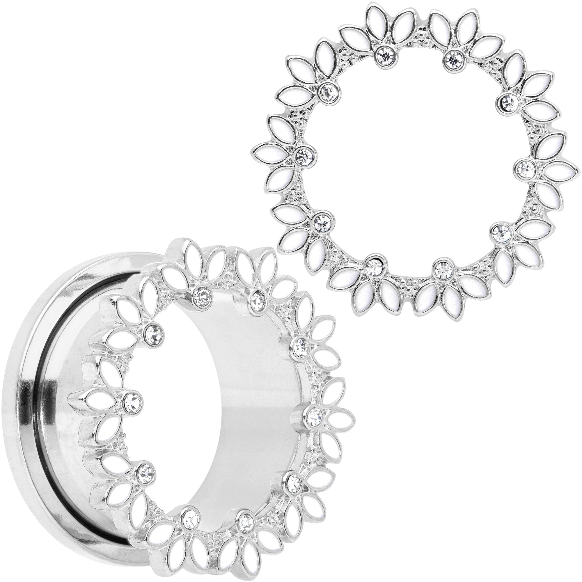 BodyCandy Clear Gem White Leaves Screw Fit Tunnel Plug Set — product on model