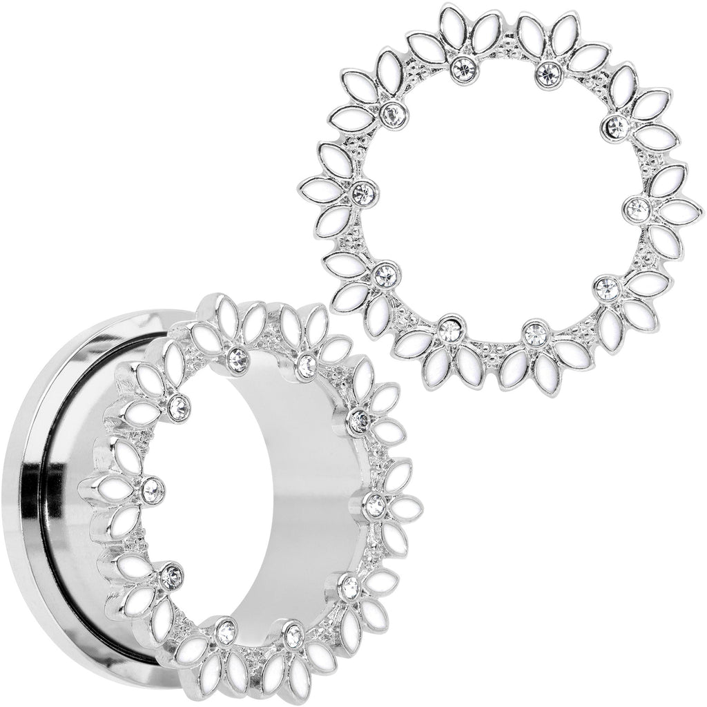 BodyCandy Clear Gem White Leaves Screw Fit Tunnel Plug Set — flat-lay composition