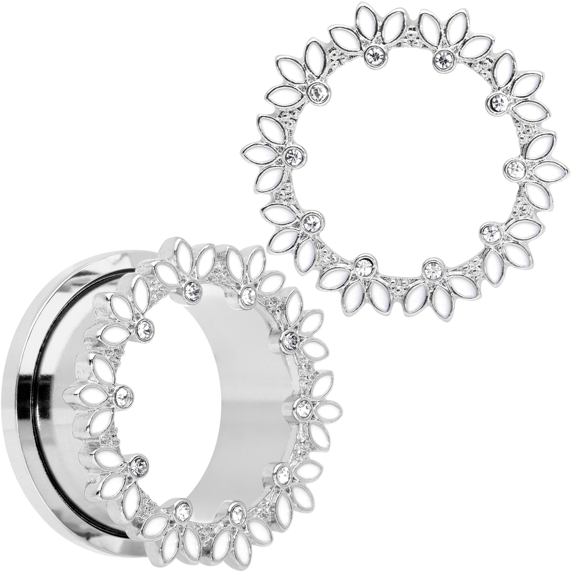 BodyCandy Clear Gem White Leaves Screw Fit Tunnel Plug Set — flat-lay composition