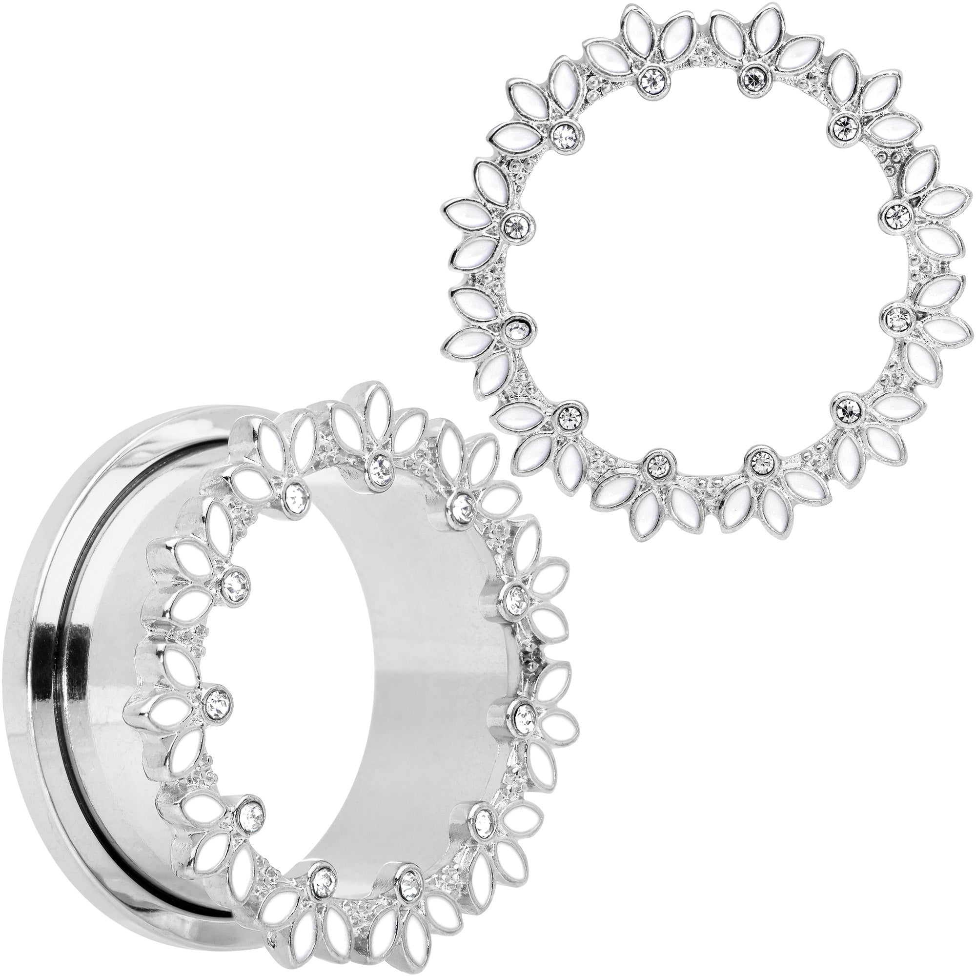 BodyCandy Clear Gem White Leaves Screw Fit Tunnel Plug Set — main product shot