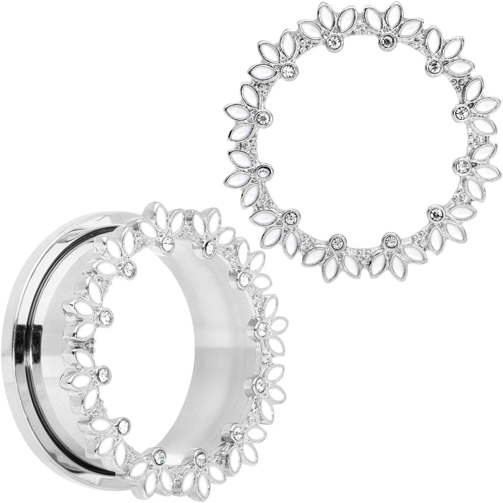 BodyCandy Clear Gem White Leaves Screw Fit Tunnel Plug Set — detail close-up