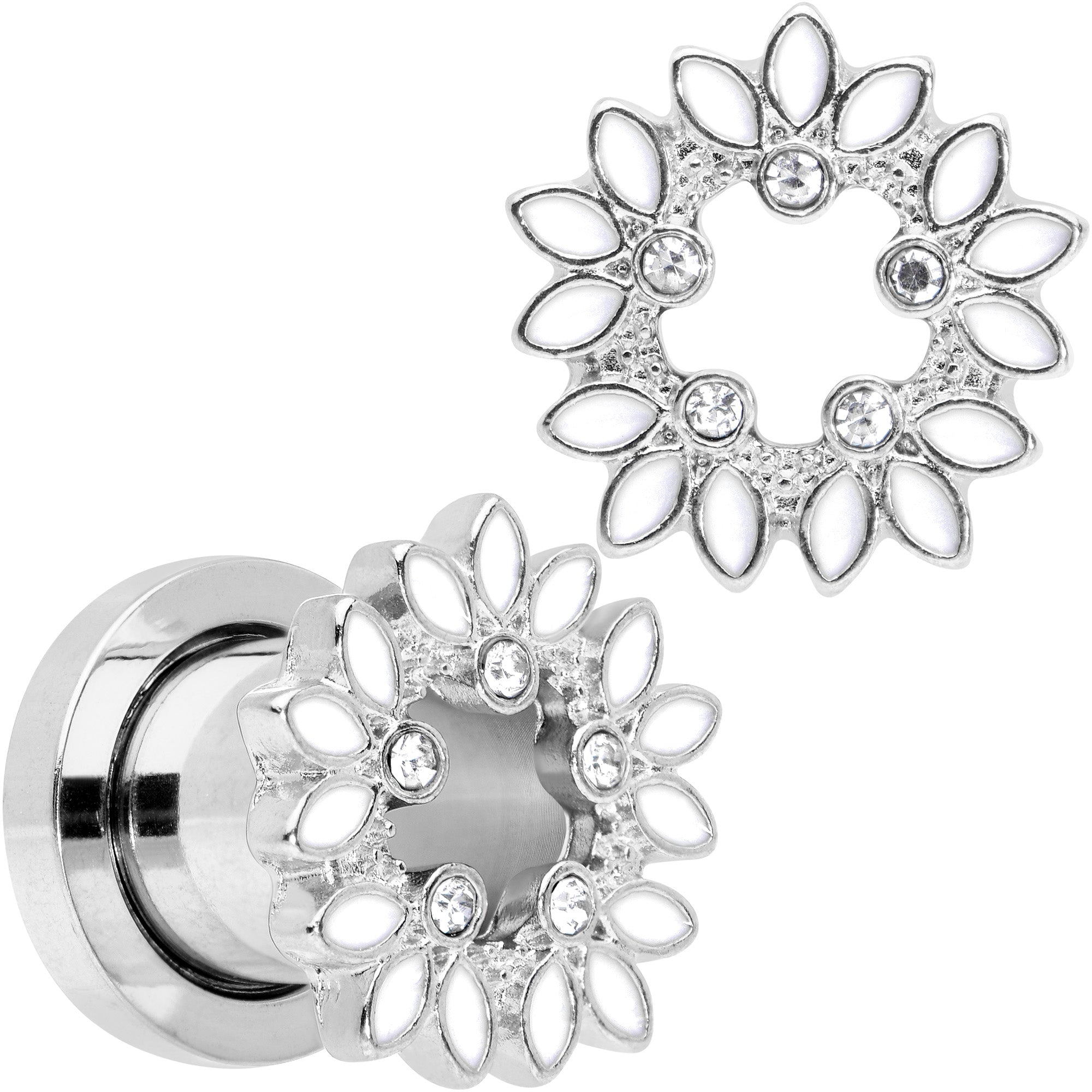 BodyCandy Clear Gem White Leaves Screw Fit Tunnel Plug Set — size reference