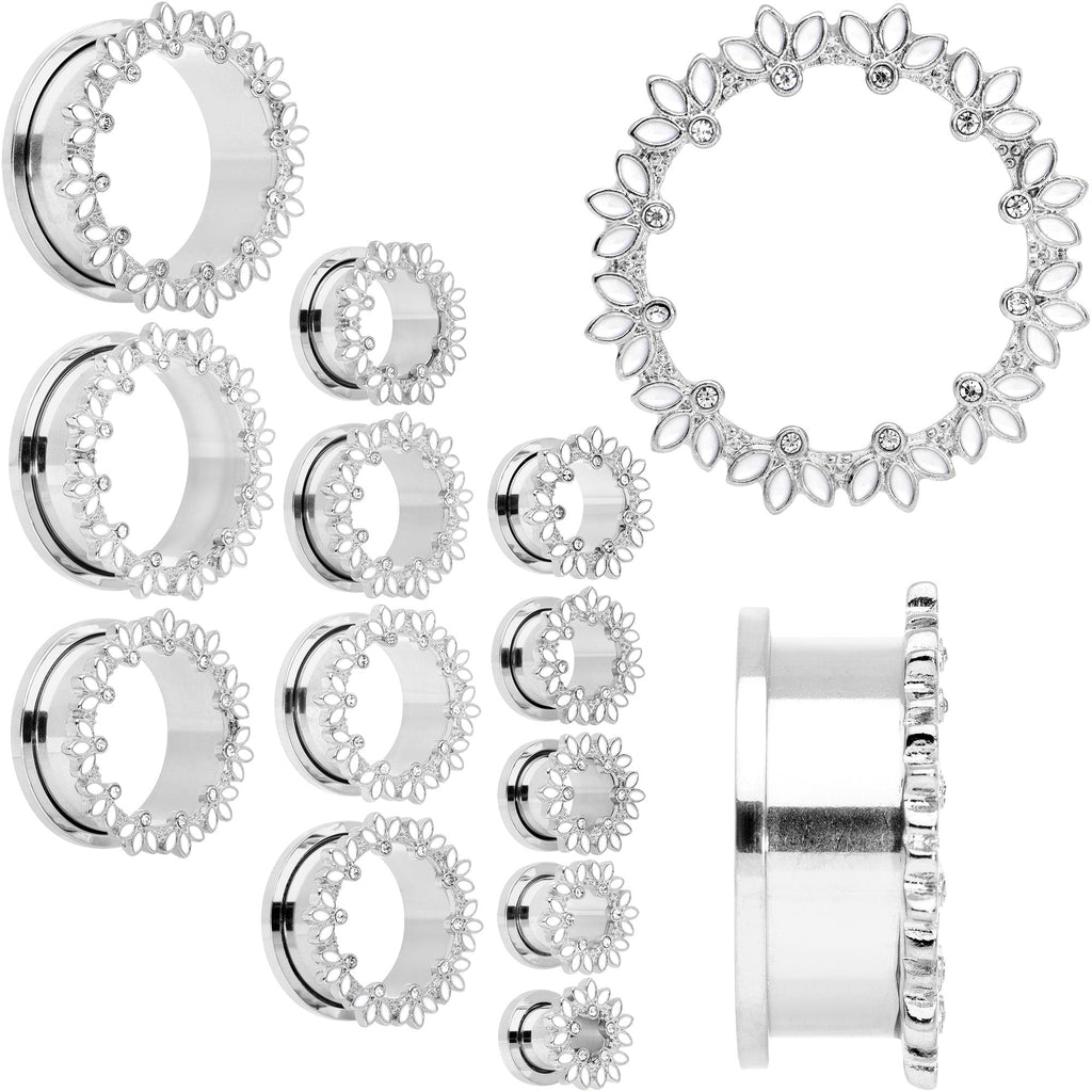 BodyCandy Clear Gem White Leaves Screw Fit Tunnel Plug Set — main product shot